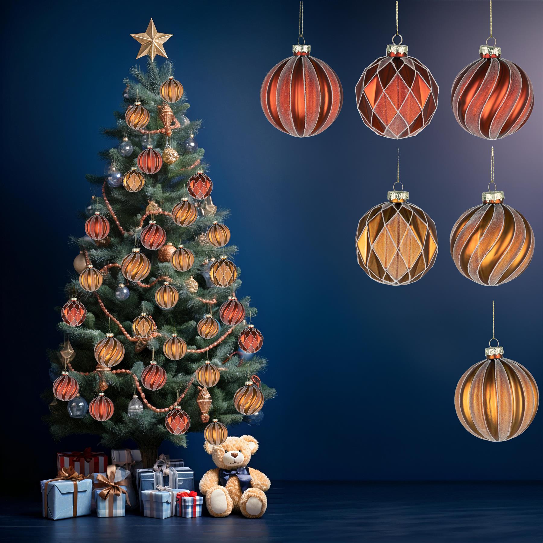 Glass Baubles 12Pcs Set - Red,Amber 6 Assorted Design 8Cm
