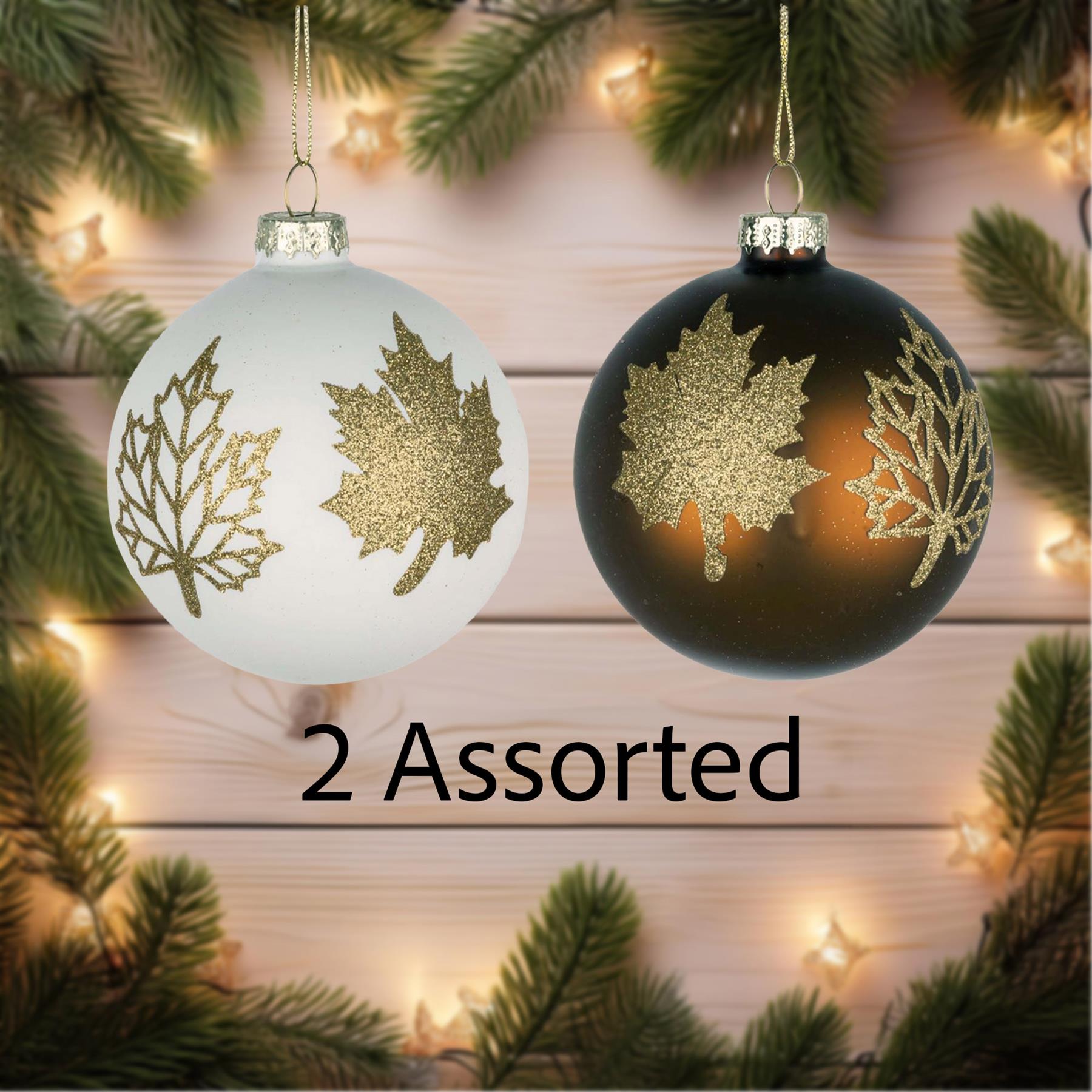 Glass Baubles 12Pcs Set - 2 Assorted Maple Leaves Design 8Cm
