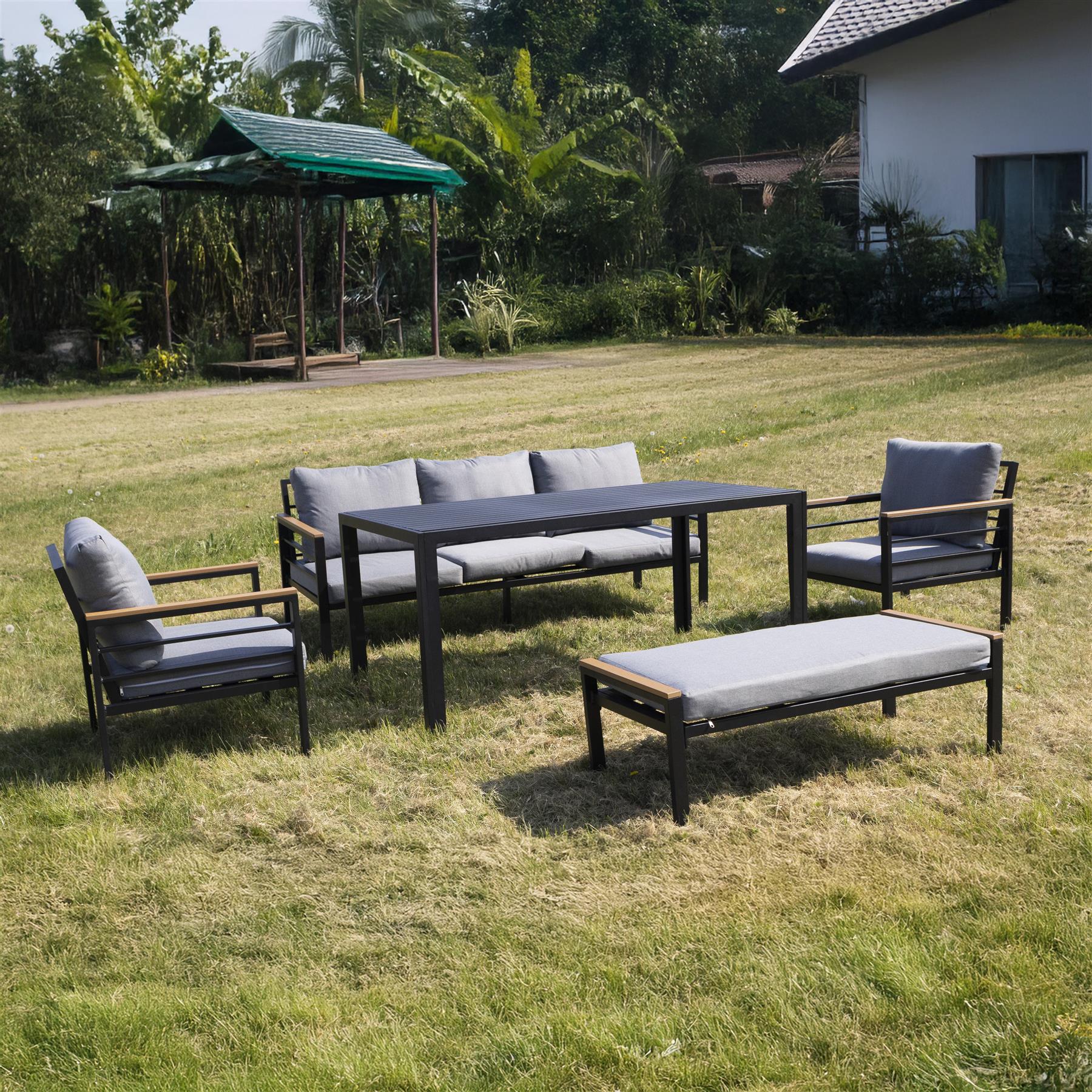 6 Seater Outdoor Garden Sofa Set - Aluminium 5Pcs Garden Furniture Set - Black