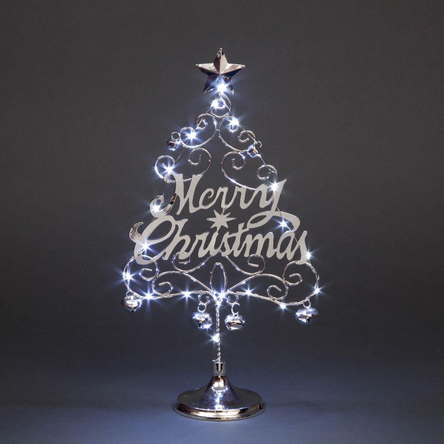 17.5 Inch Pre-Lit Led Merry Christmas Christmas Tree Table Top Xmas Decoration With Bells Silver