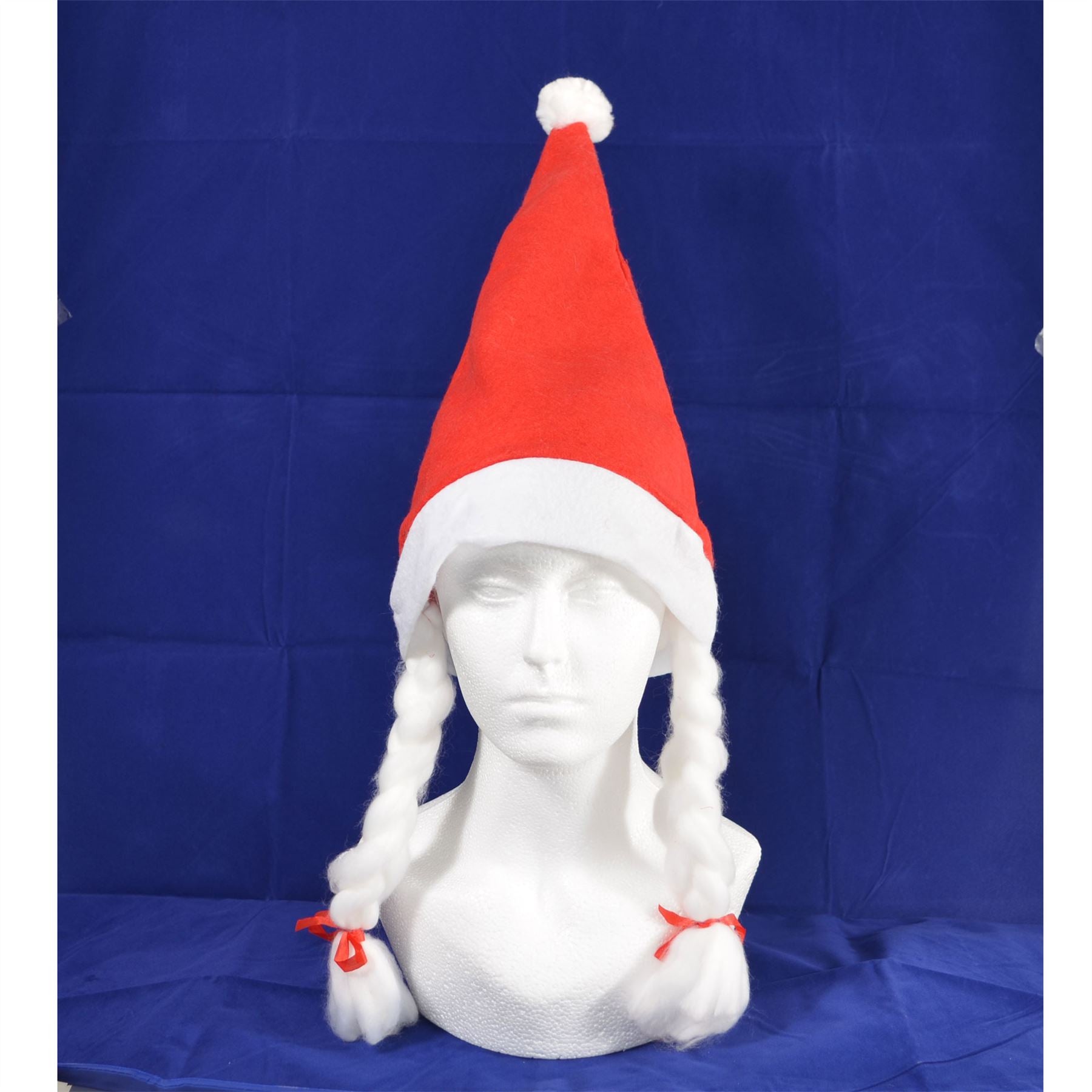 1Pc Santa Hat With Plaits & Ribbon Mrs Miss Santa Claus Xmas Eve Fancy Dress Fun Party Accessories