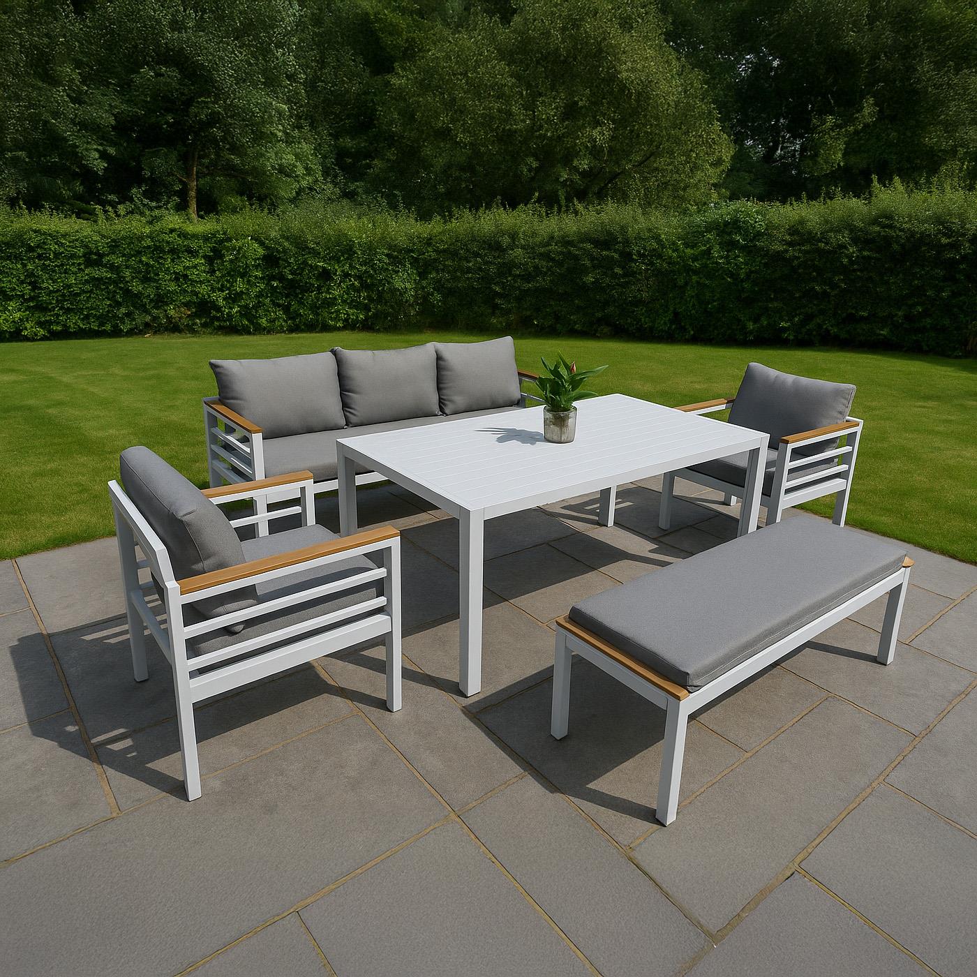 6 Seater Outdoor Garden Sofa Set - Aluminium 5Pcs Garden Furniture Set - White