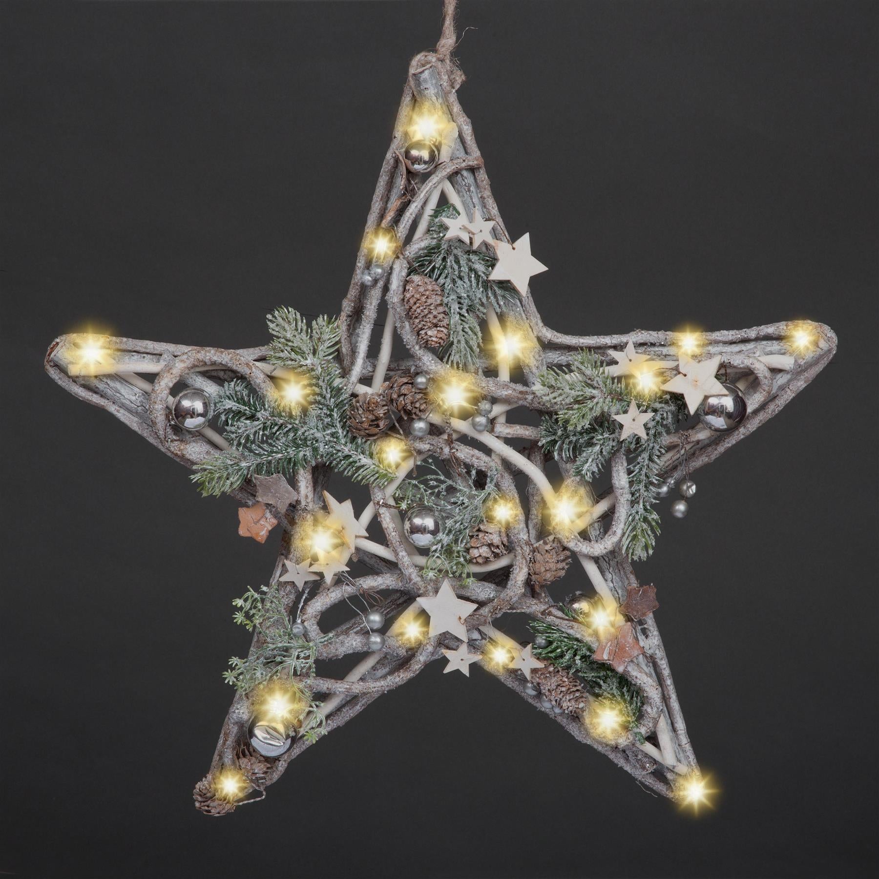 B/O Wooden Star Hanging Decorations With 20 Leds 45Cm