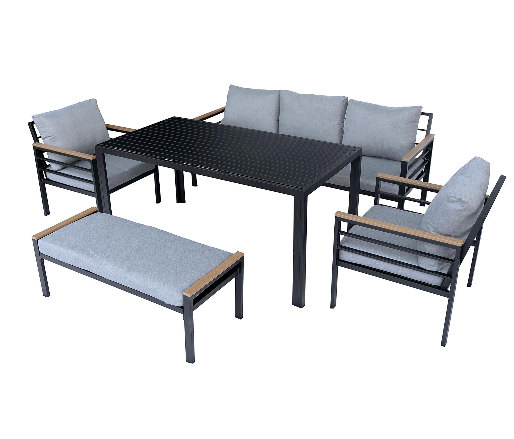 6 Seater Outdoor Garden Sofa Set - Aluminium 5Pcs Garden Furniture Set - Black