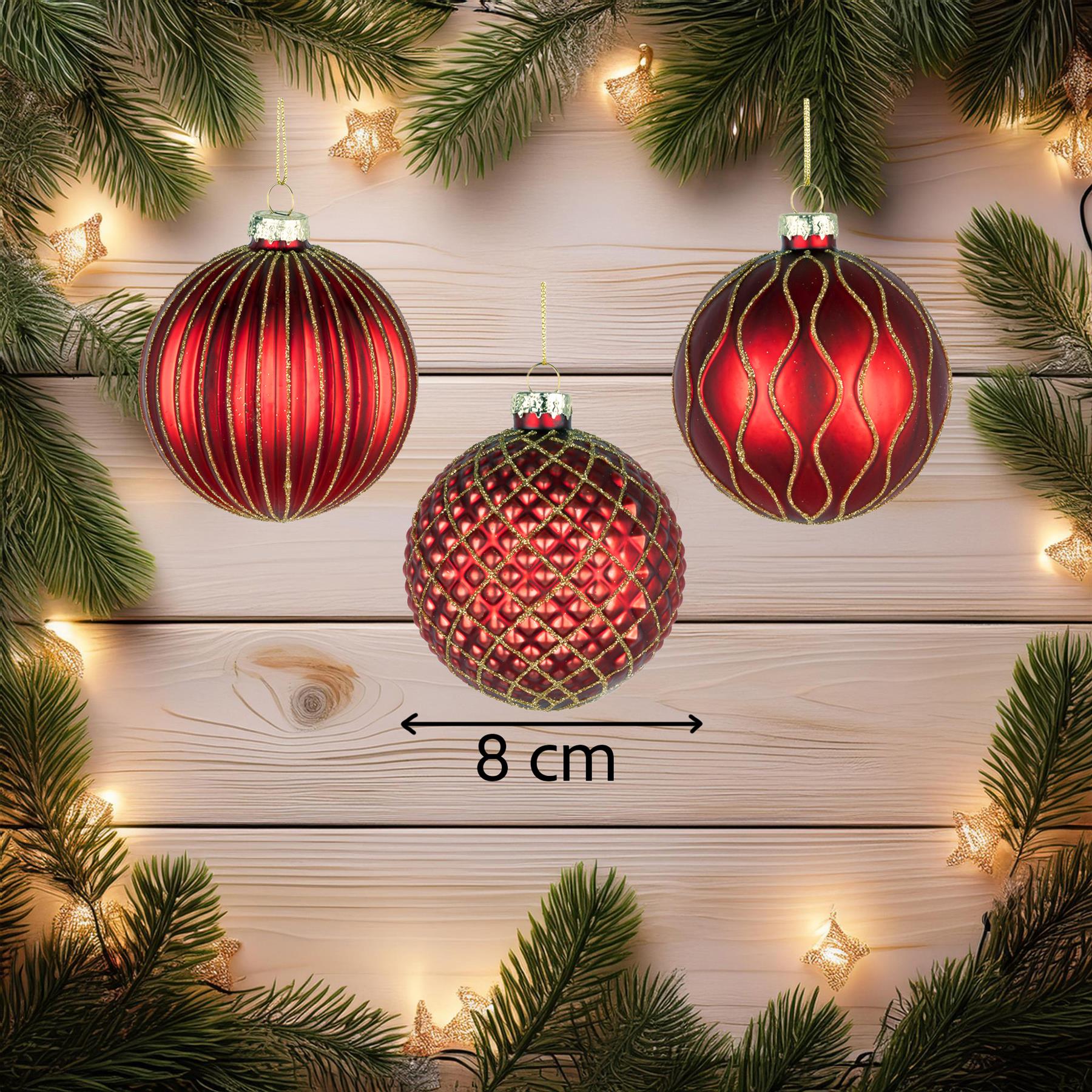 Glass Baubles 12Pcs Set - Red 3 Assorted Design 8Cm
