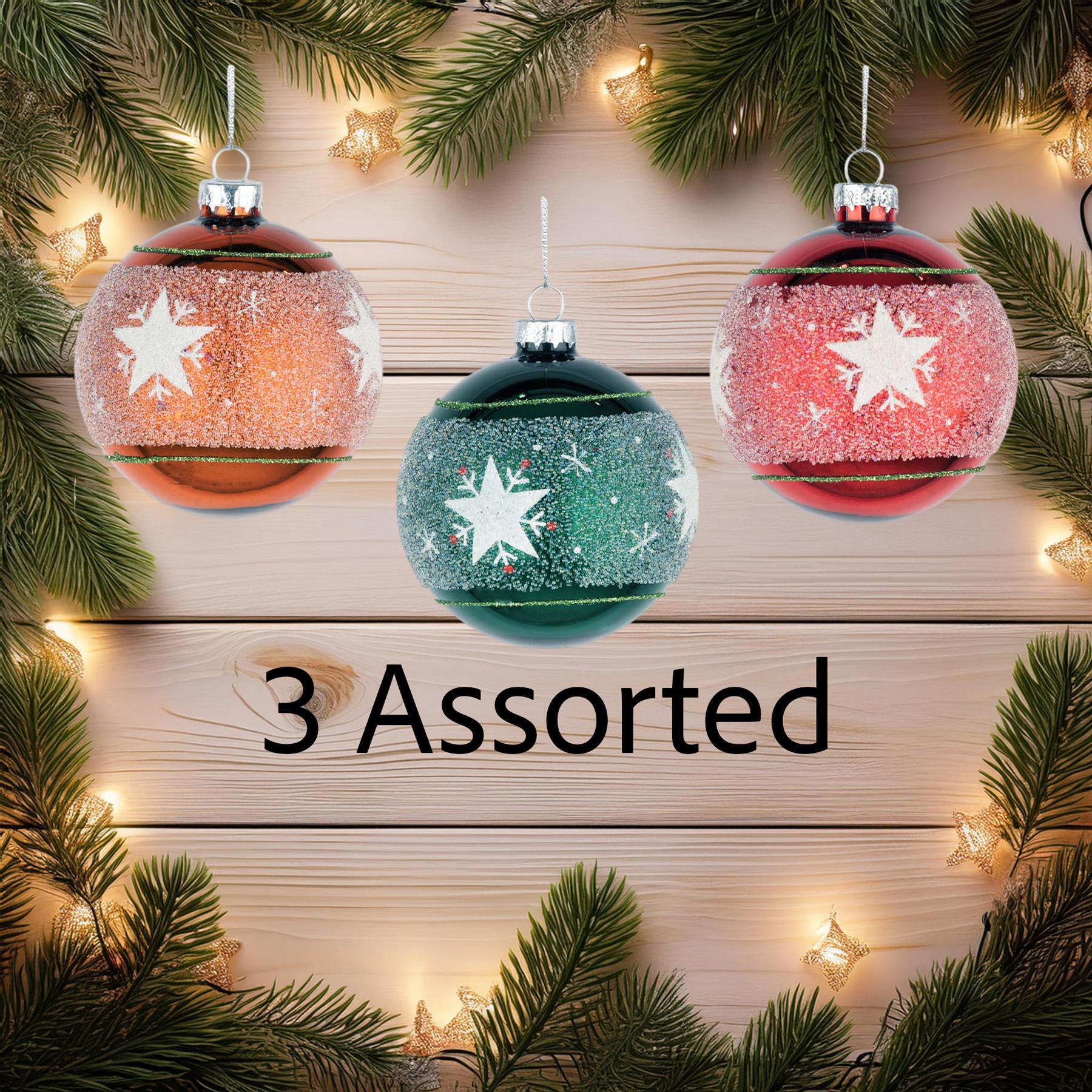 Glass Baubles 12Pcs Set - Orange,Green,Red 3 Assorted Design 8Cm