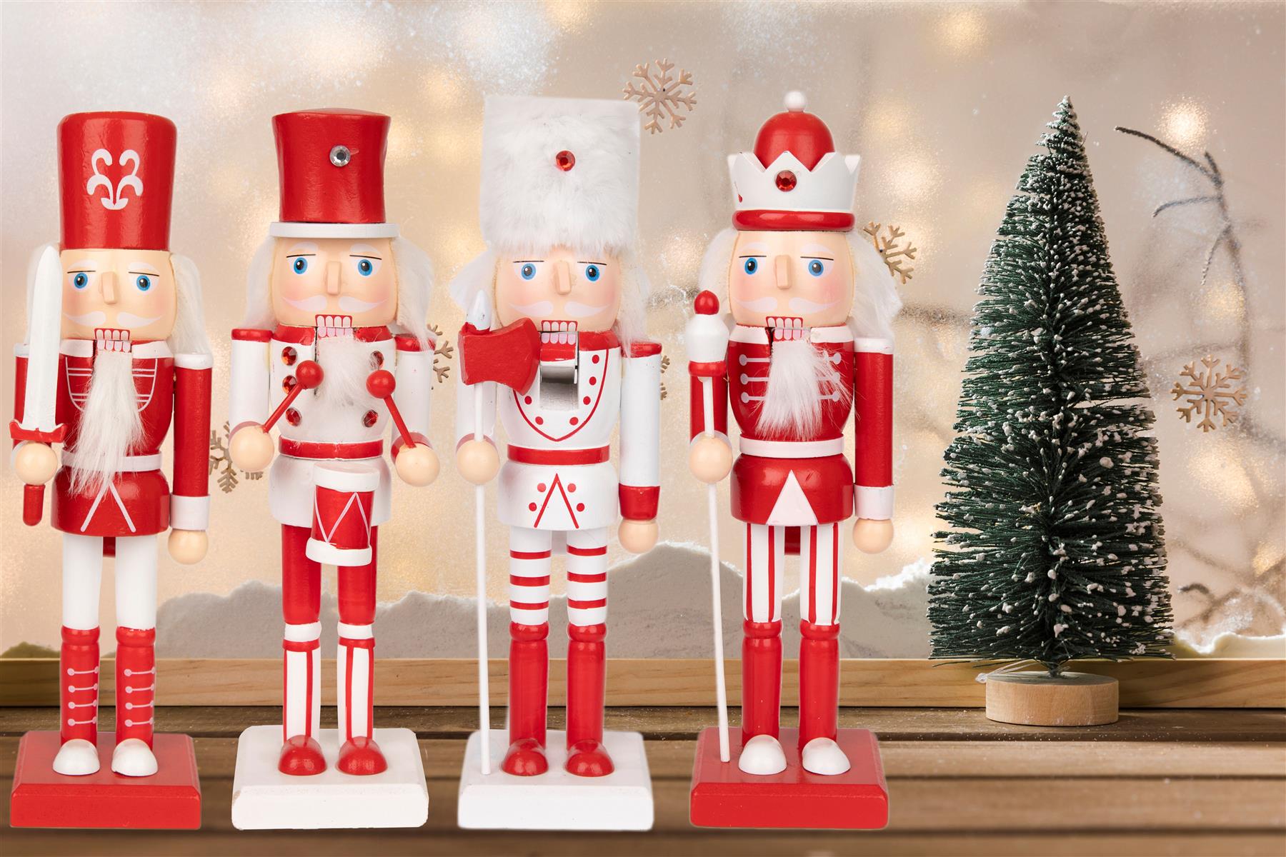 Red & White Wooden Nutcrackers - 4Pcs Set - Christmas Home Decoration 25Cm