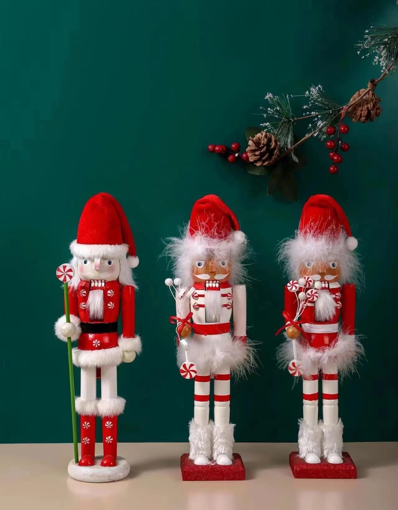 Red & White Santa Candy Cane Nutcrackers - 3Pcs Set - Christmas Home Decoration 38Cm