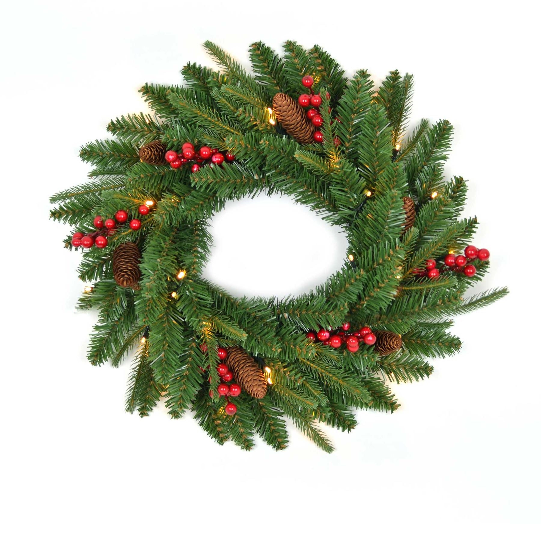 Frono 55Cm Christmas Wreath Pre Lit With Berries Pine Cones Christmas Decorations 11001