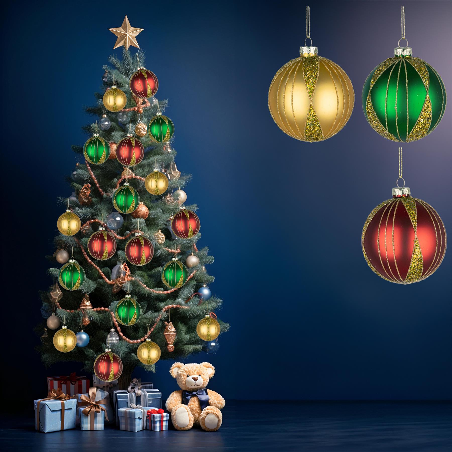 Glass Baubles 12Pcs Set - Red,Gold,Green 3 Assorted Design 8Cm