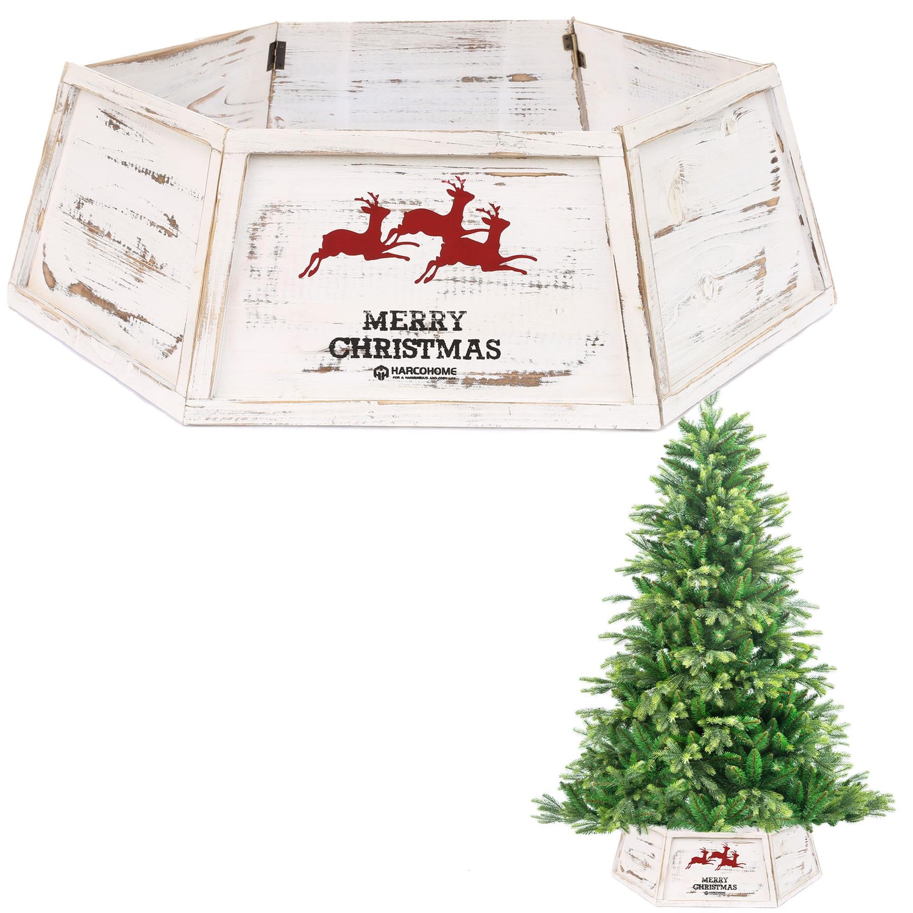 White Hexagon Christmas Tree Collar Wooden - Size: Bottom Dia 31.5Inch, Top Dia 26Inch,Height 9.8 Inch