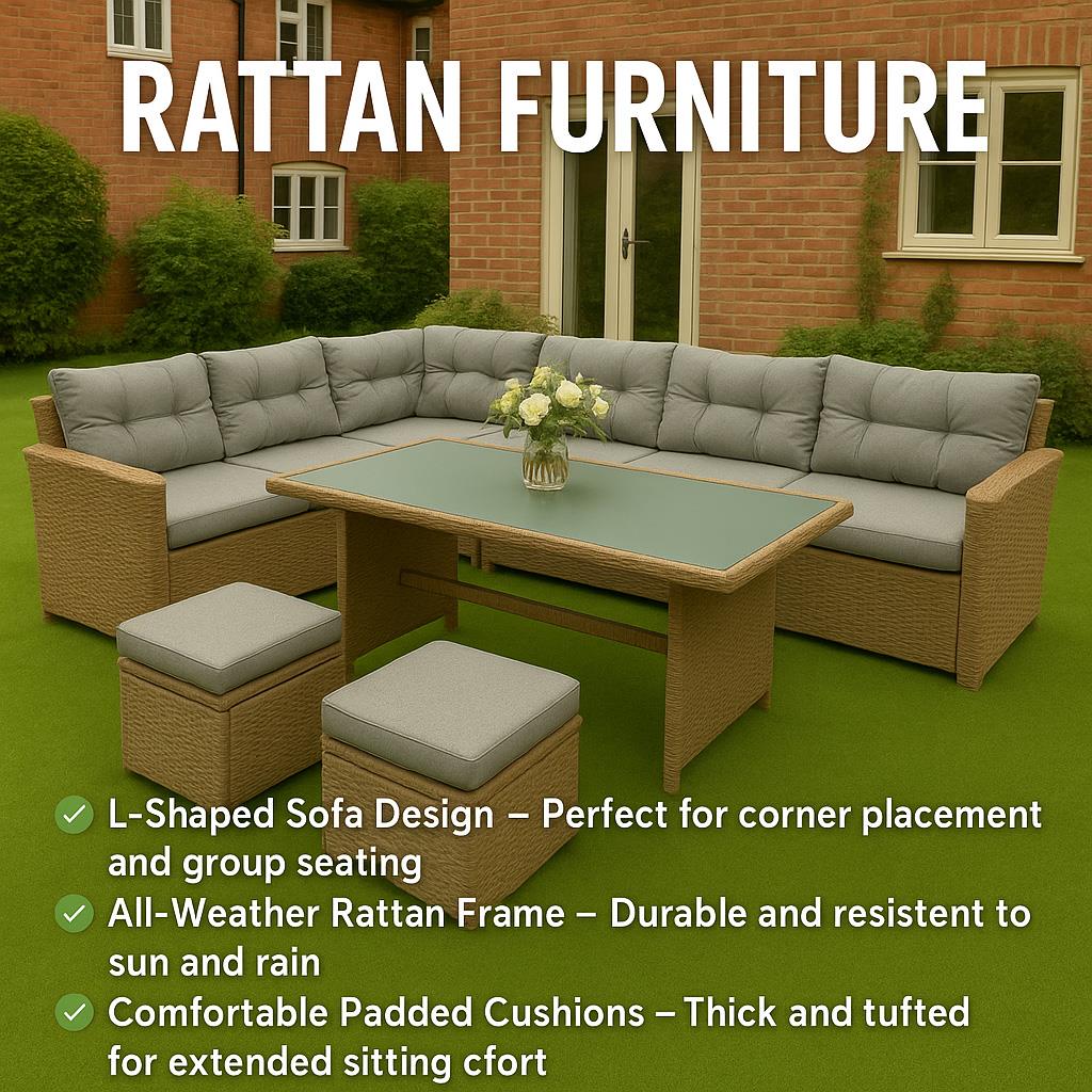 8 Seater Rattan Garden Furniture Corner Sofa Set with Coffee Table, 2pcs Stools, Cushions