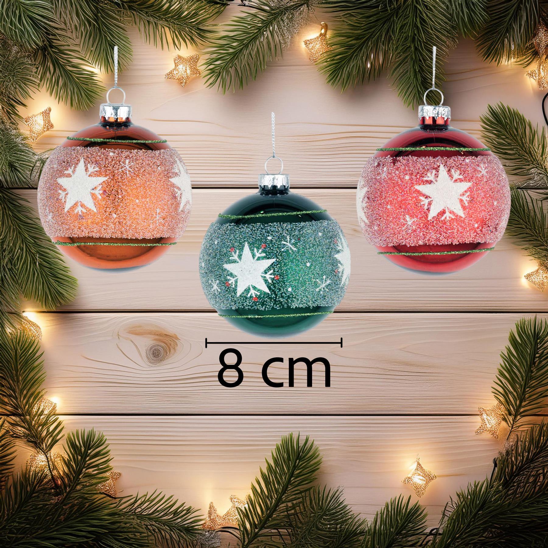 Glass Baubles 12Pcs Set - Orange,Green,Red 3 Assorted Design 8Cm