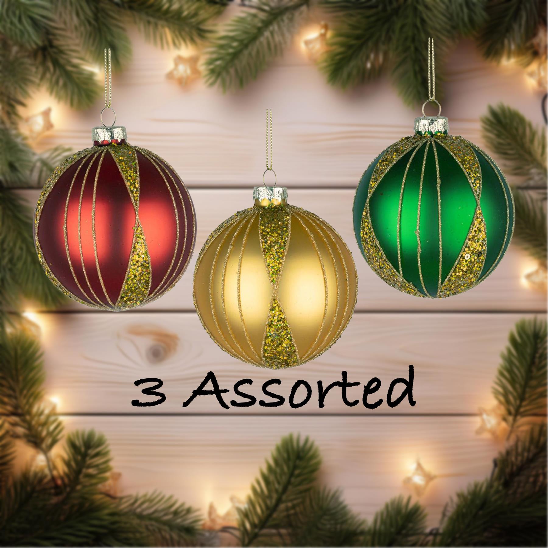 Glass Baubles 12Pcs Set - Red,Gold,Green 3 Assorted Design 8Cm