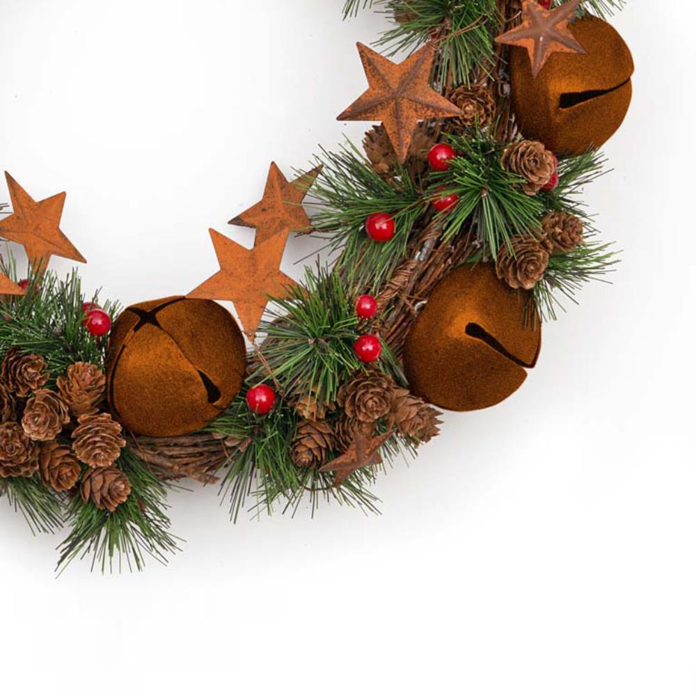 Jingle Bell Wreath With Rustic Bells Stars Pinecones And Red Berries 40Cm