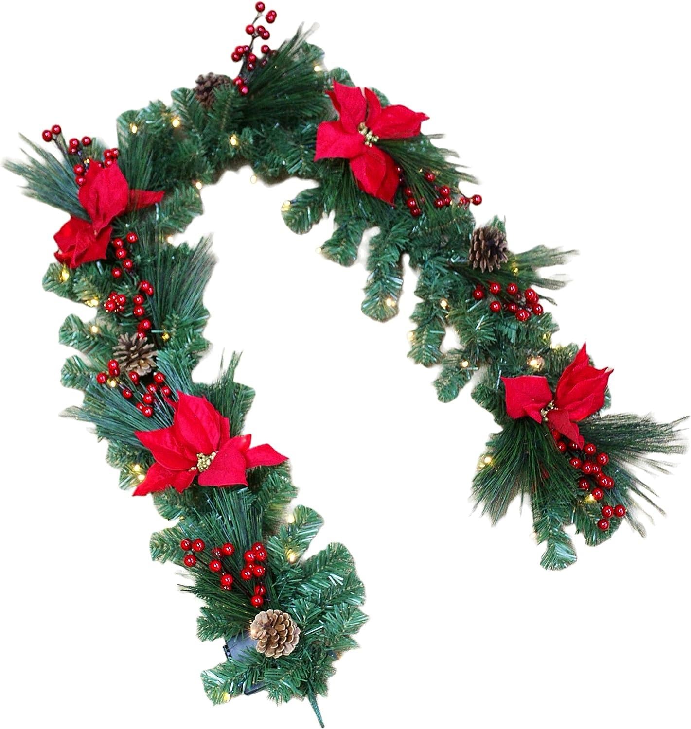 Pre Lit Red Poinsettia Garland With 50 Ww Leds 2M