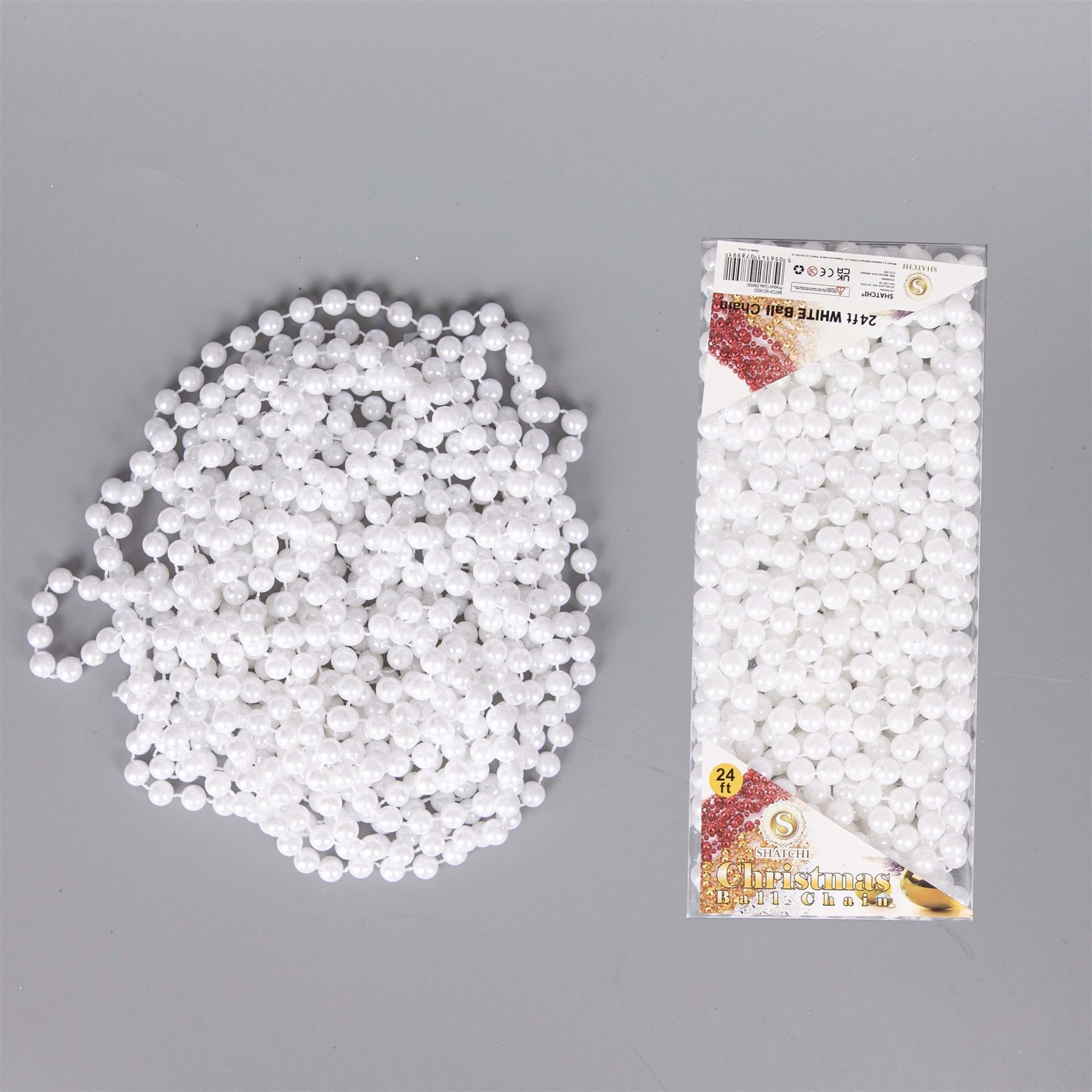24Ft White Hanging Bead Garland Christmas Tree Xmas Party Tinsel String Chain