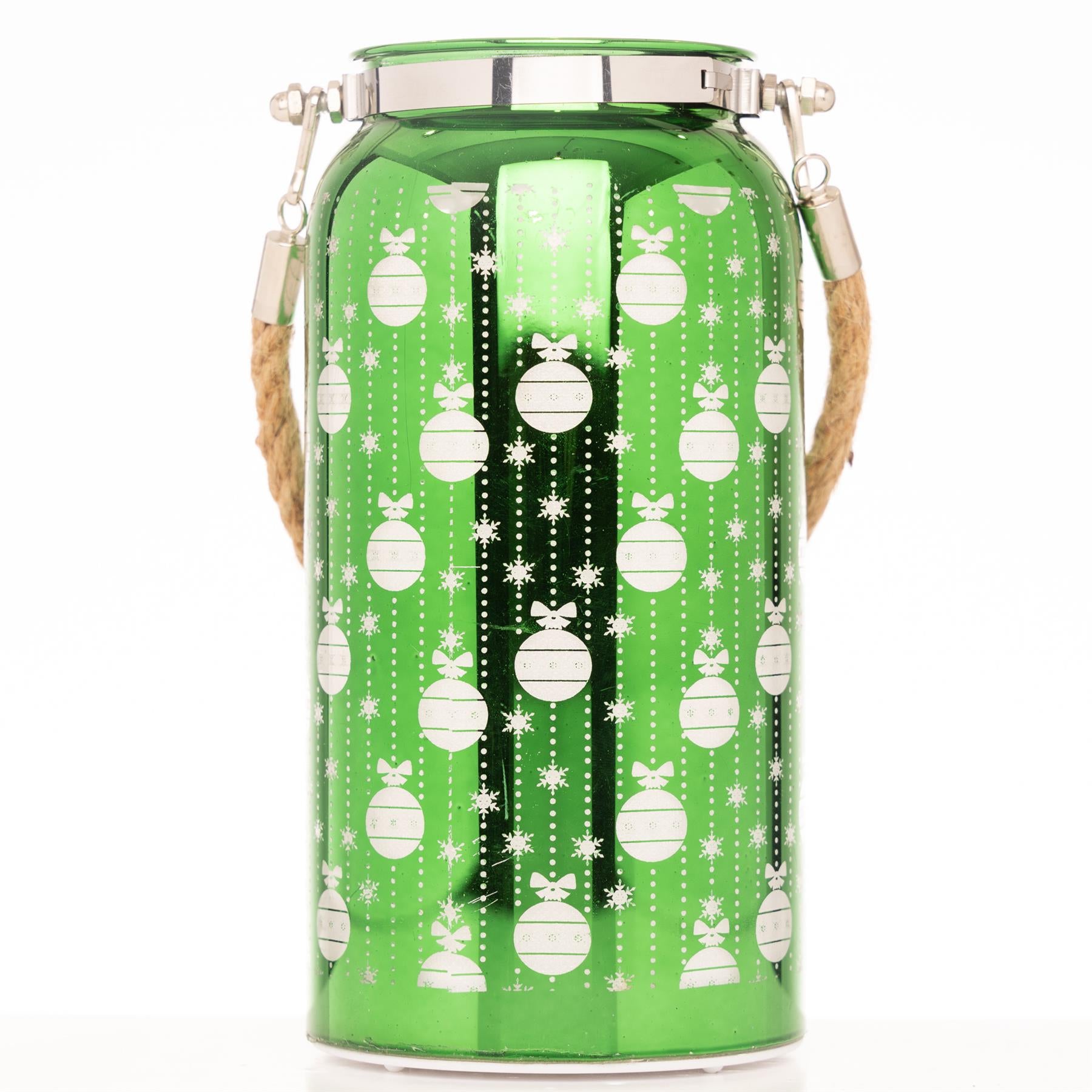Christmas Decorated Jar Table Baubles Design Green Lantern 20Cm