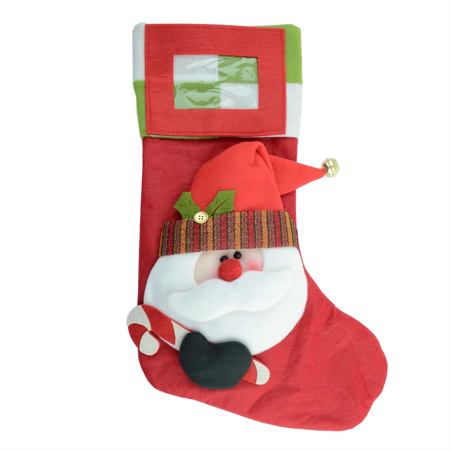 Personalised Luxury 3D Stocking Santa Face And Bell With Photo Pocket Christmas
