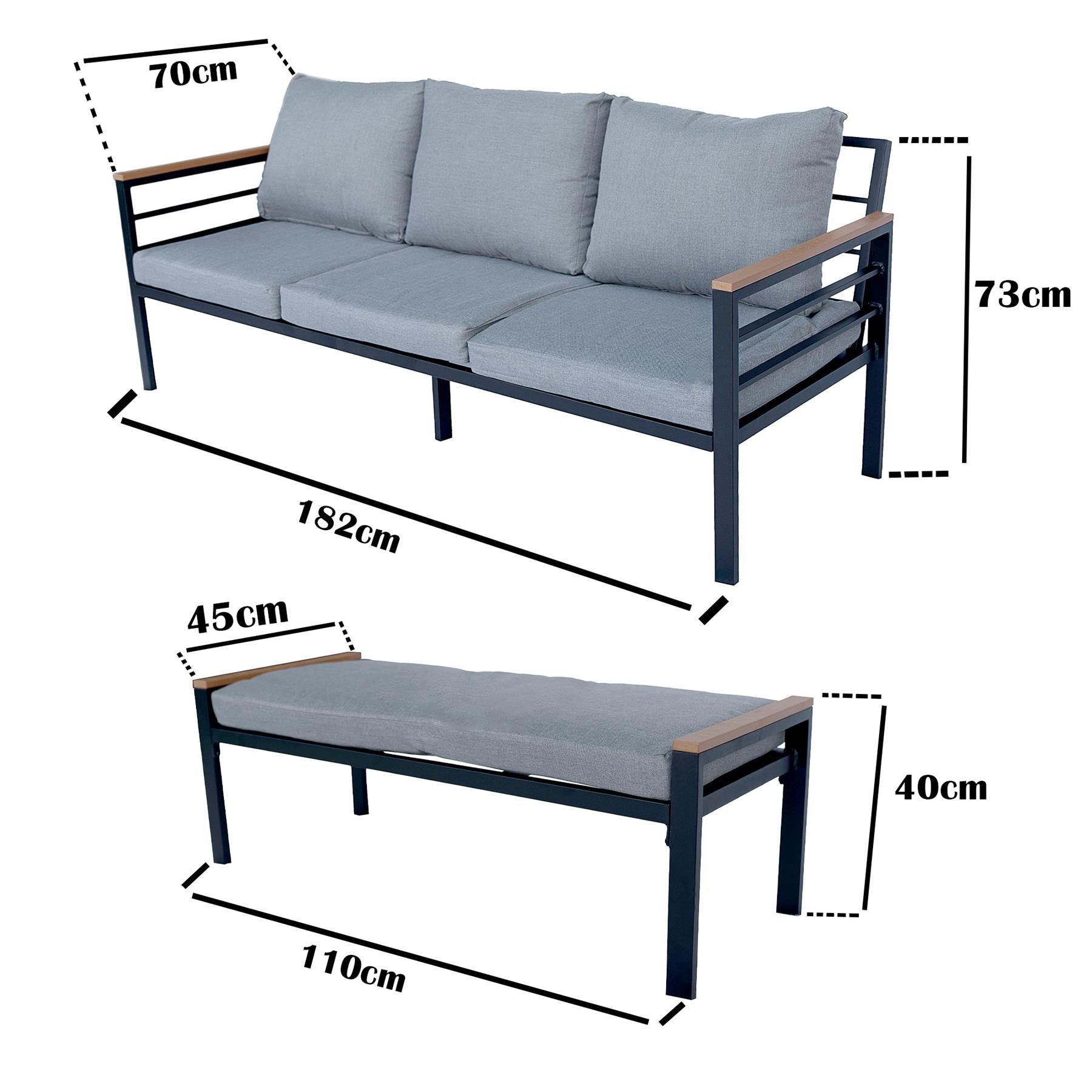 6 Seater Outdoor Garden Sofa Set - Aluminium 5Pcs Garden Furniture Set - Black