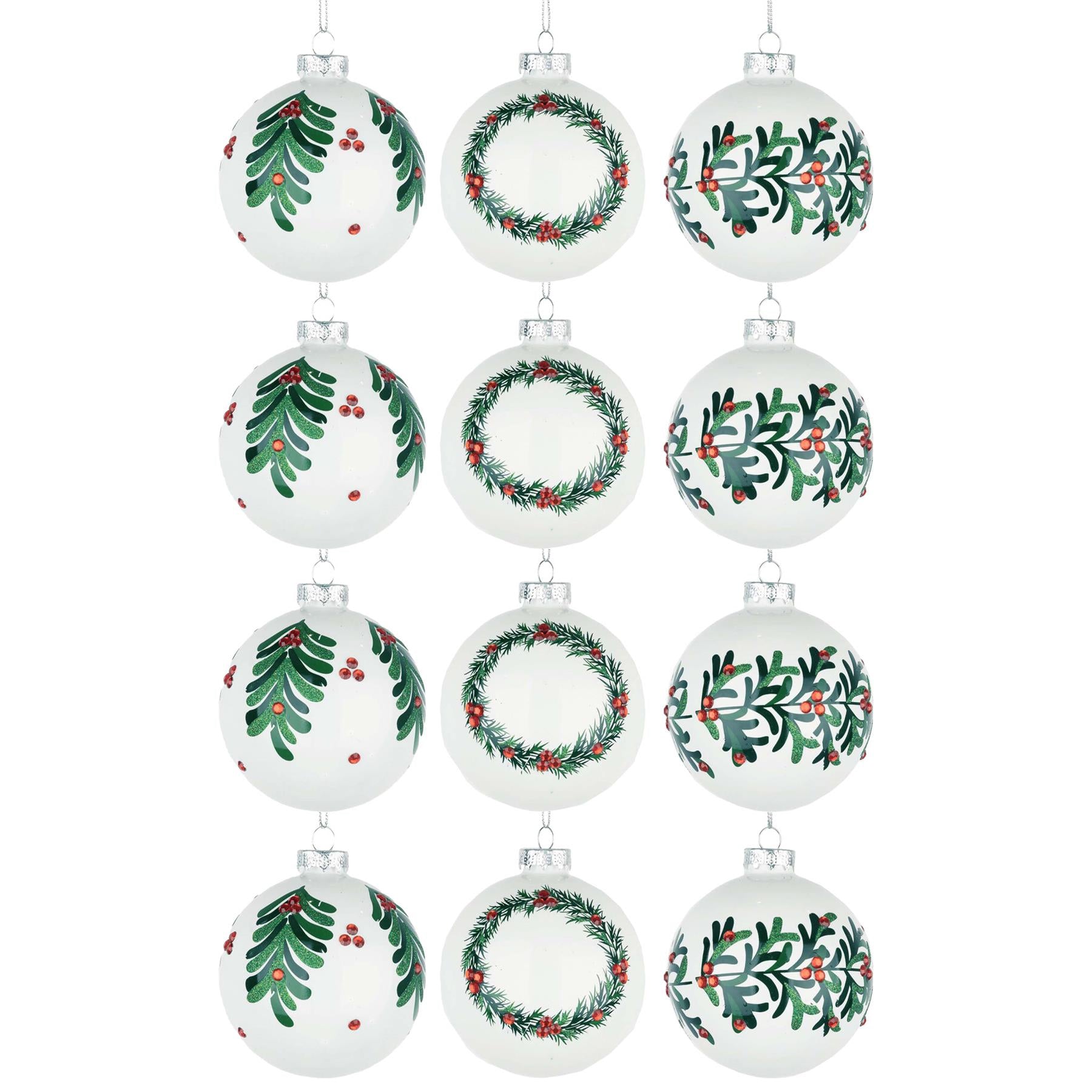 Glass Baubles 12Pcs Set - White 3 Assorted Design 8Cm