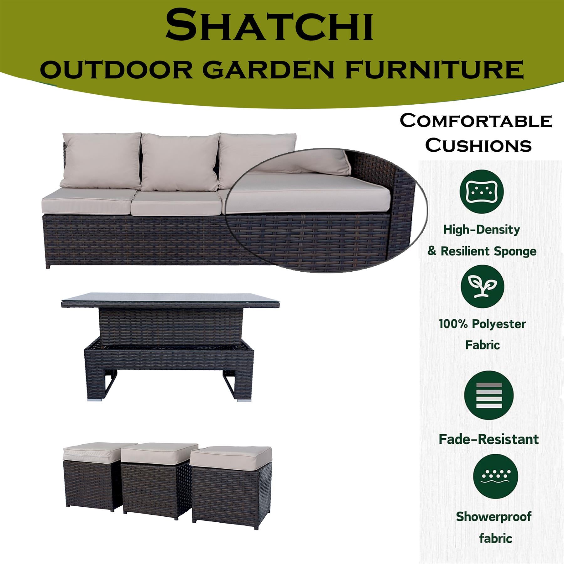8 Seater Rattan Garden Furniture Corner Sofa Set with Rising Coffee Table, 3pcs Stools, Cushions - Brown