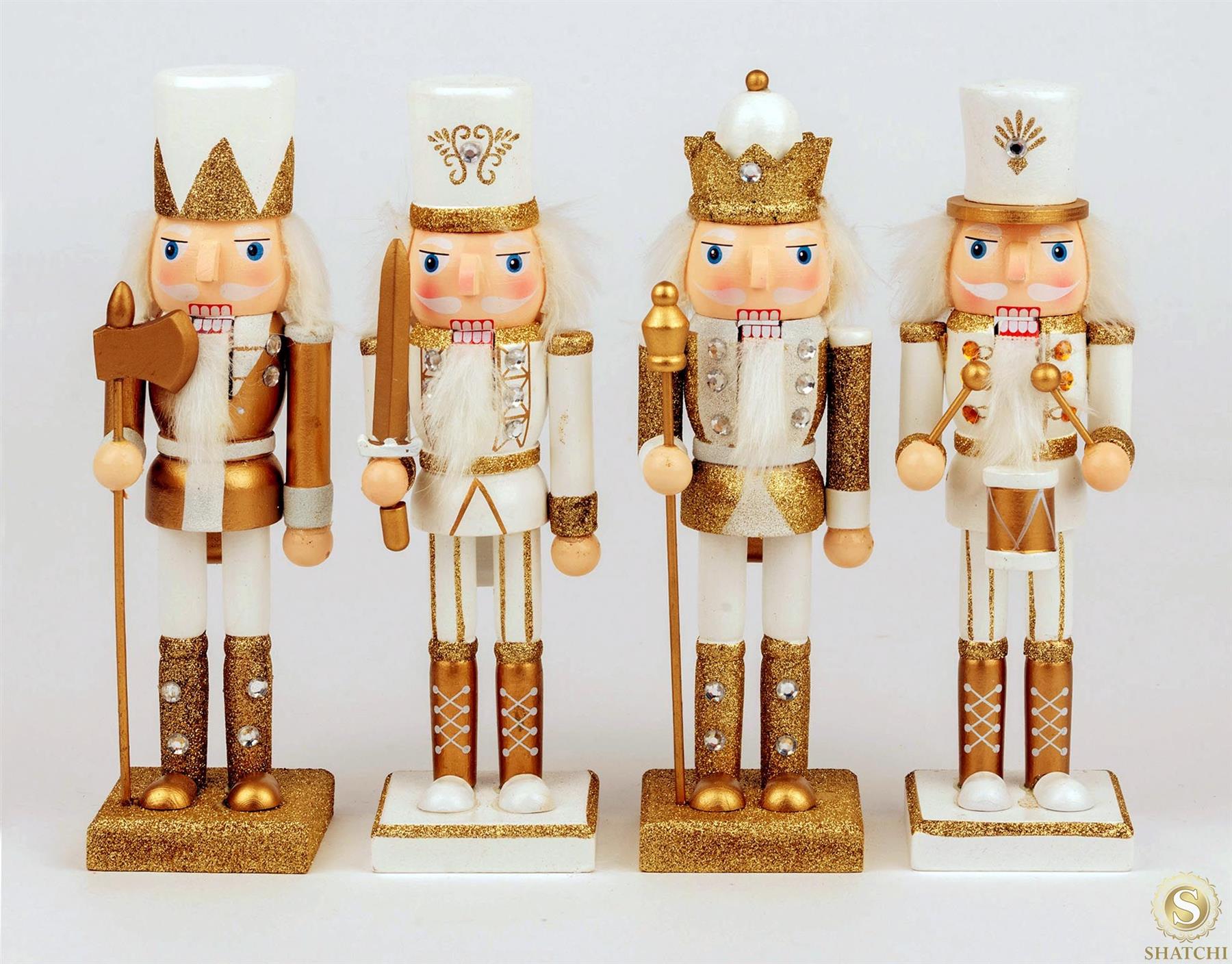 Gold & White Wooden Nutcrackers - 4Pcs Set - Christmas Home Decoration 25Cm