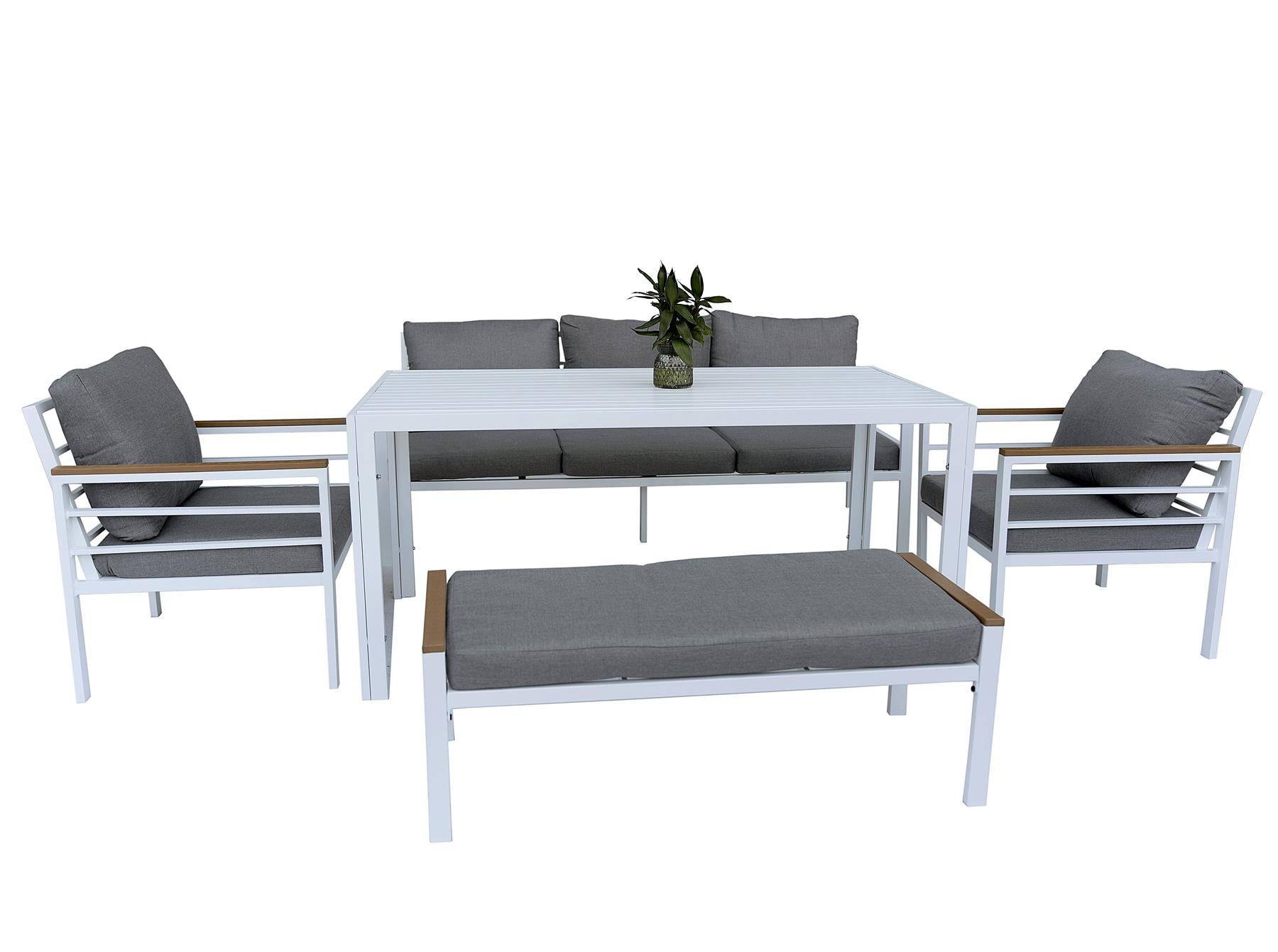 6 Seater Outdoor Garden Sofa Set - Aluminium 5Pcs Garden Furniture Set - White