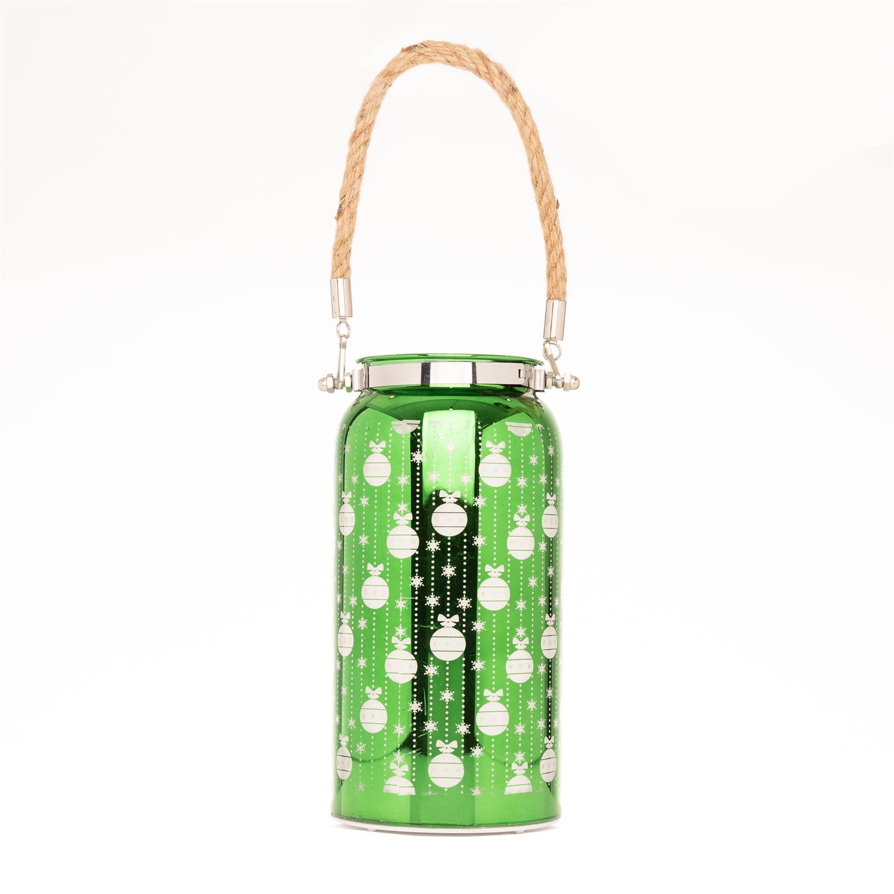 Christmas Decorated Jar Table Baubles Design Green Lantern 20Cm