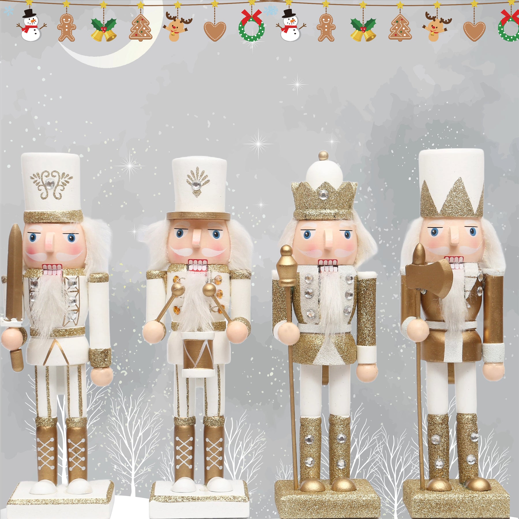 Gold & White Wooden Nutcrackers - 4Pcs Set - Christmas Home Decoration 25Cm