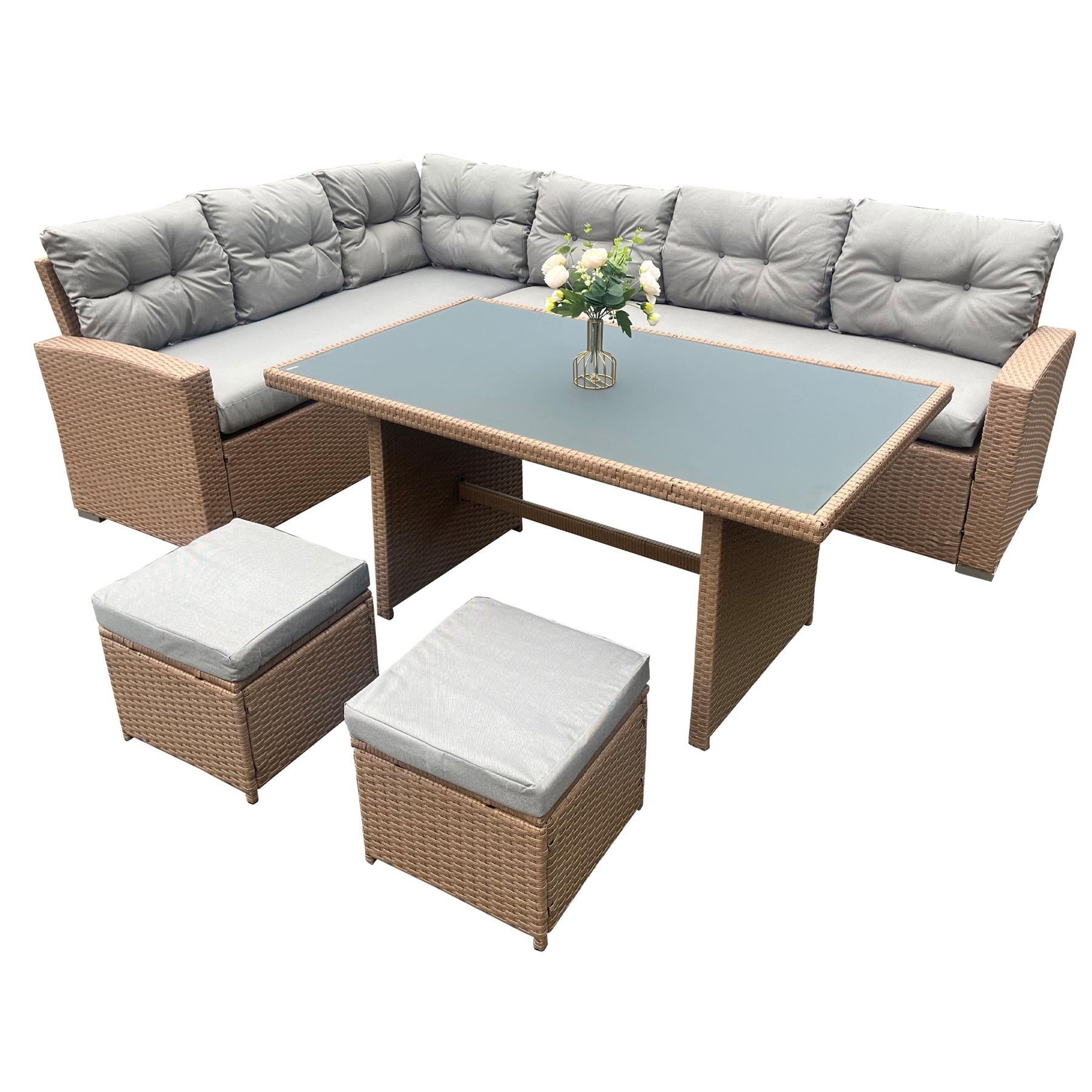 8 Seater Rattan Garden Furniture Corner Sofa Set with Coffee Table, 2pcs Stools, Cushions