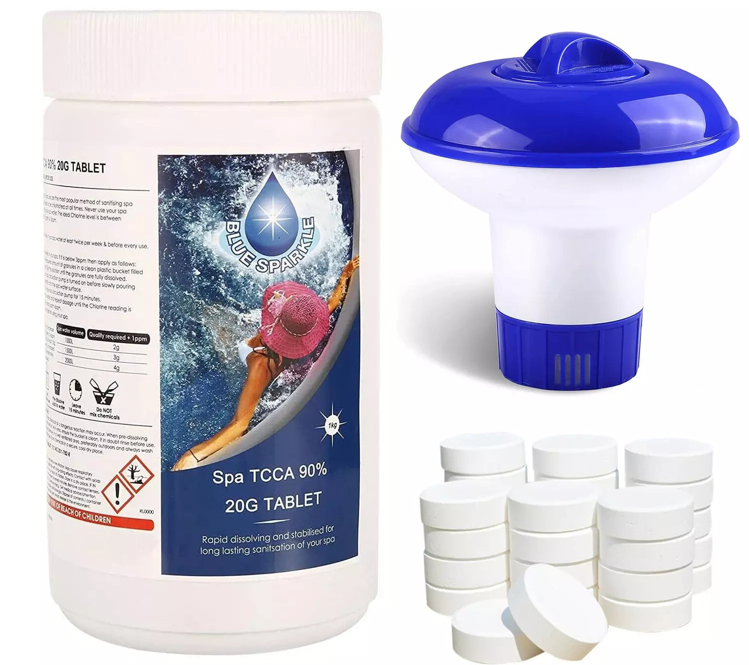 1Kg 90% Chlorine Tablets Slow Release with Floating Dispenser 50 x 20g Kit