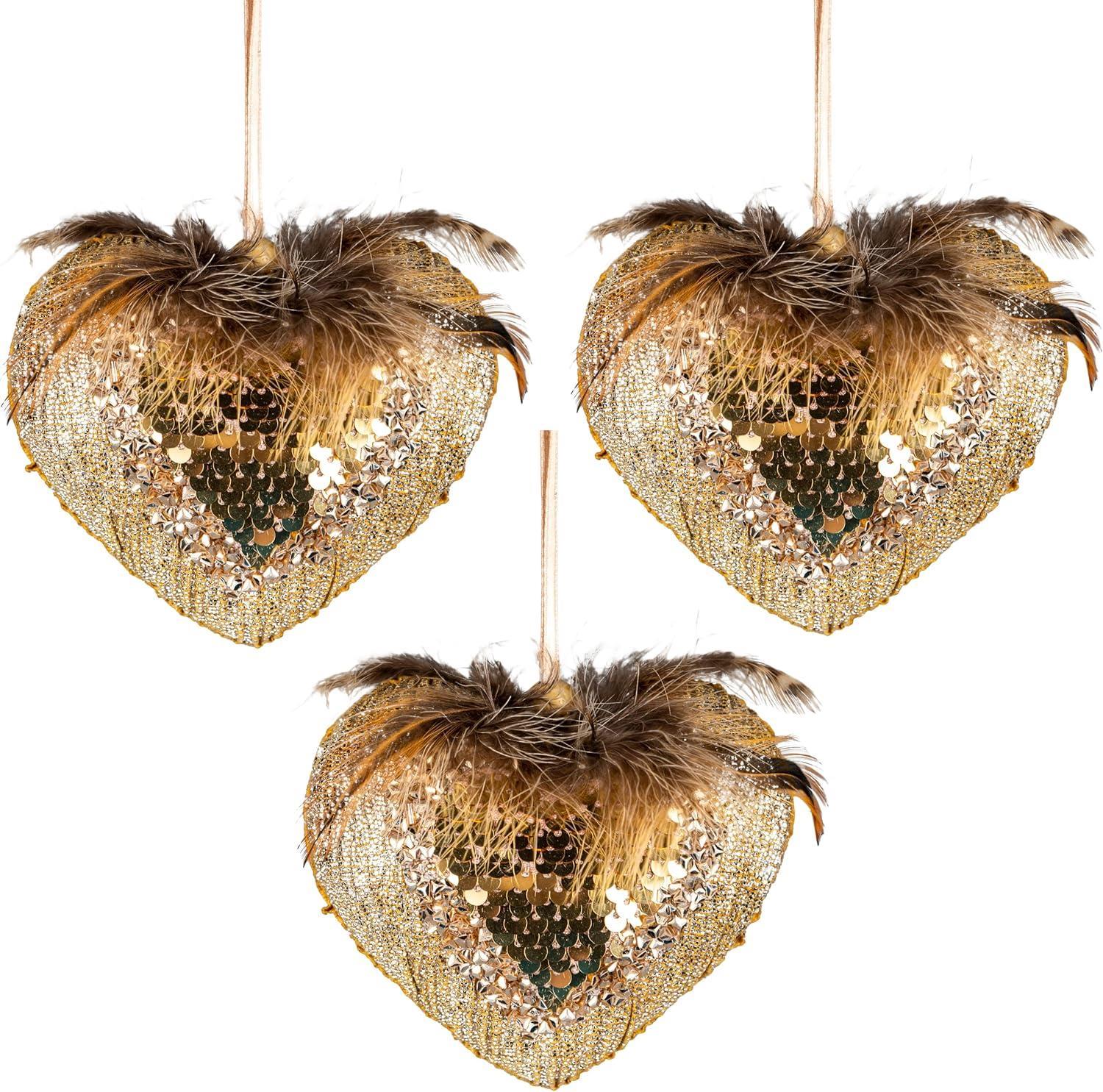 3X Christmas Hanging Ornaments Tree Pendants Heart Golden 10cm Xmas Decoration