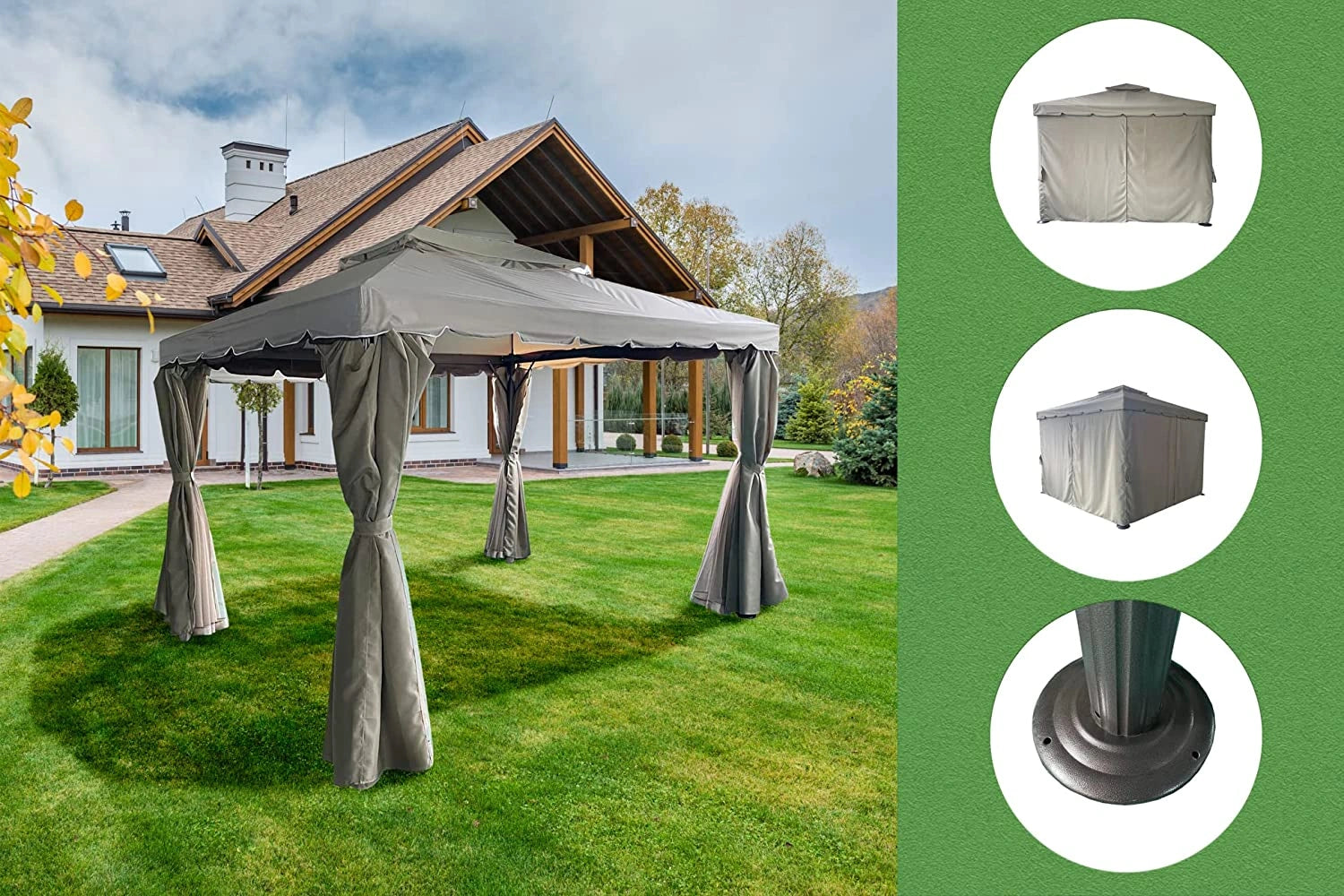 3x4x2.75m Khaki Gazebo with Nets Aluminium Frame and Powder coated Steel Roof