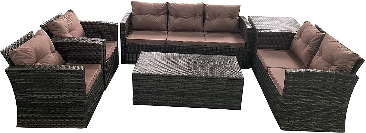 6-Seater Brown Garden Furniture Set – UV-Treated PE Rattan Weave & Storage
