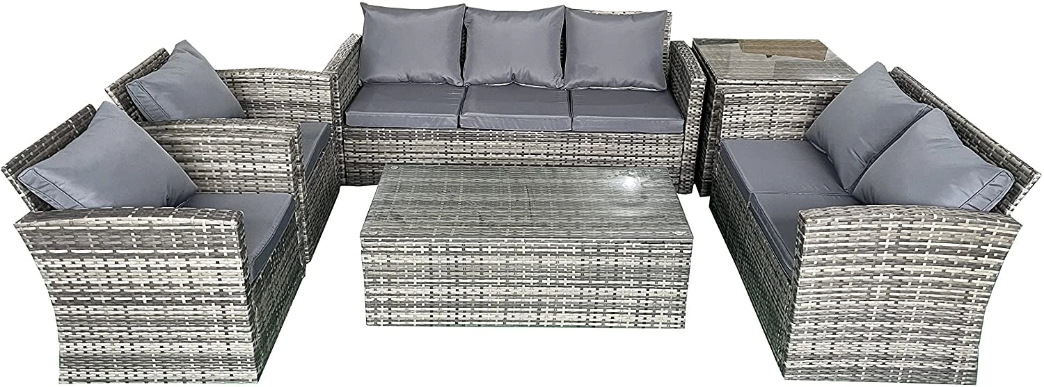 6 Seater Rattan Garden Set: 3x2 Sofa, Chairs, Table, Storage