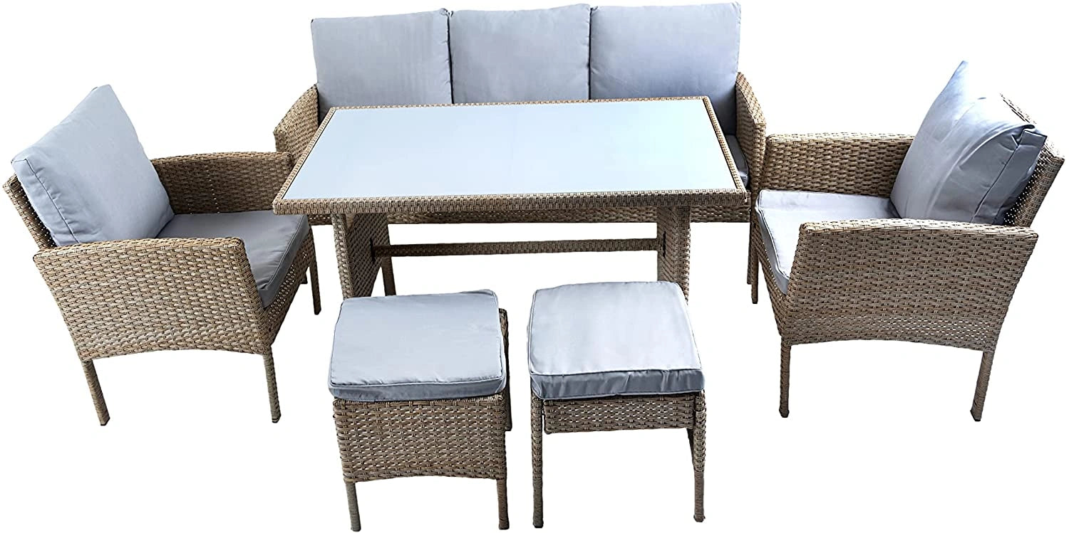 6 Seater Rattan Garden Set: 2 Stools, 2x1 Sofa, 1x3 Sofa, Table