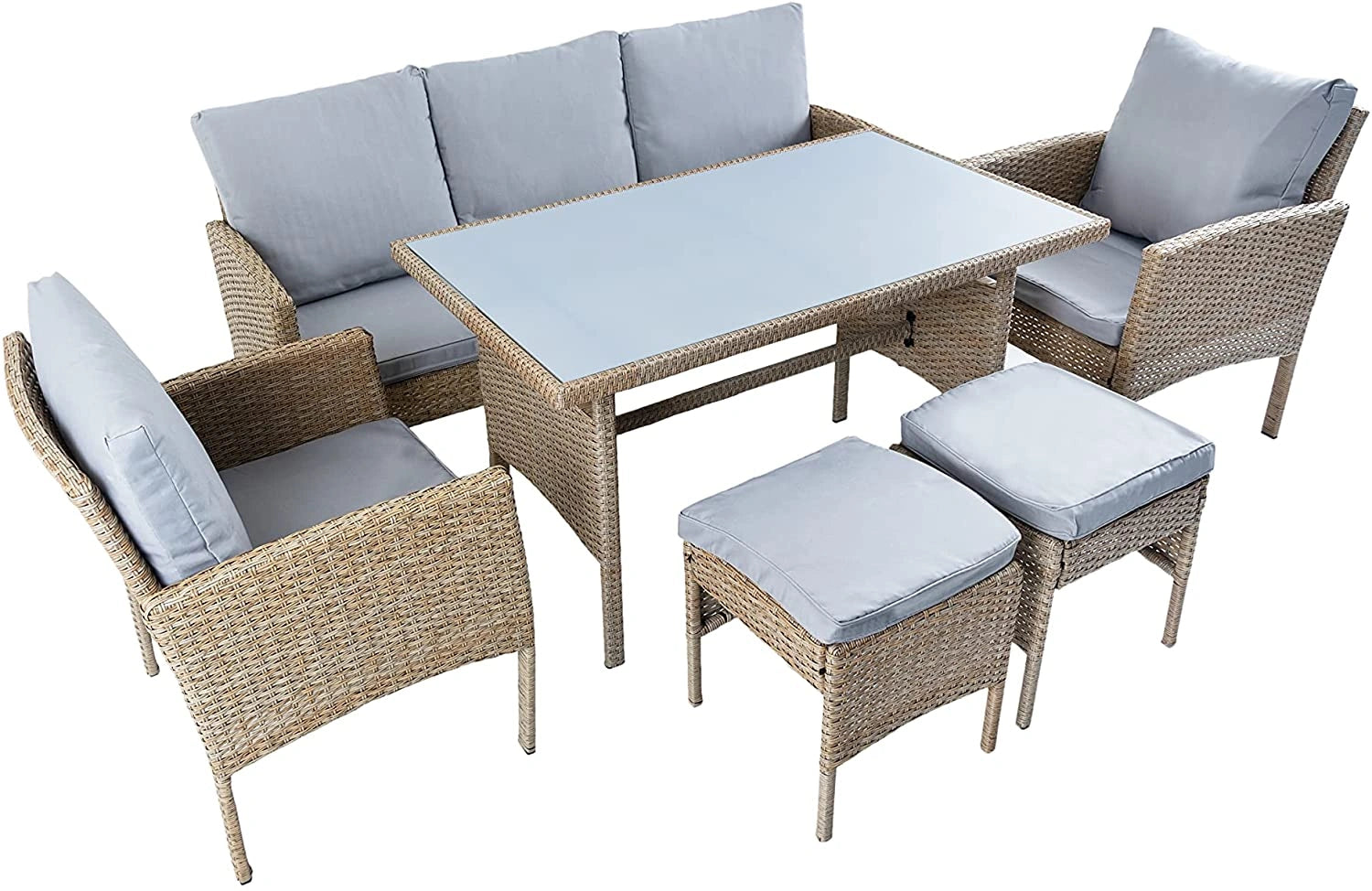 6 Seater Rattan Garden Set: 2 Stools, 2x1 Sofa, 1x3 Sofa, Table