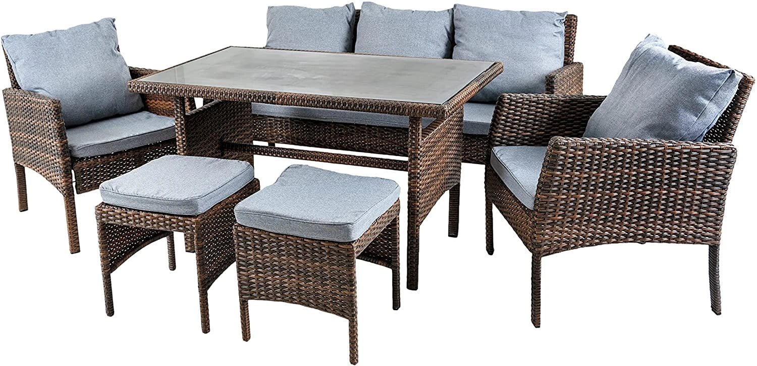 6 Seater Light/Dark Brown Rattan Patio Set: Sofa, Table, 2 Chairs, 2 Stools