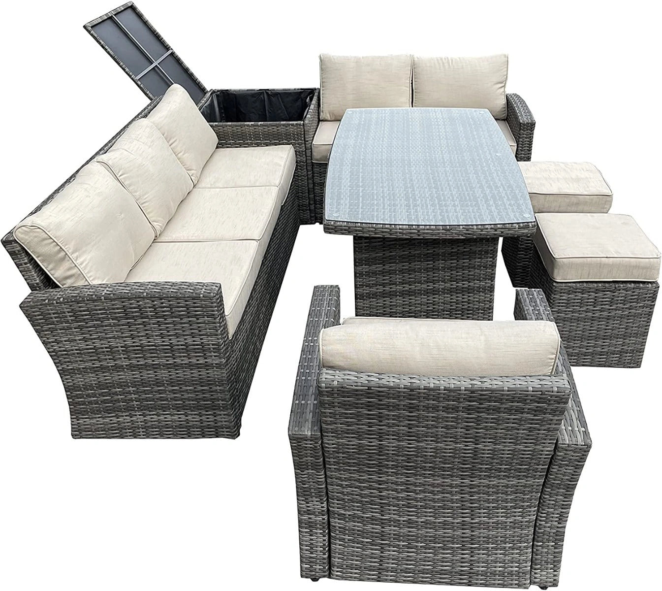 Grey 8 Seater Rattan Sofa Set: 2 Stools, 1+2+3 Seater Sofas