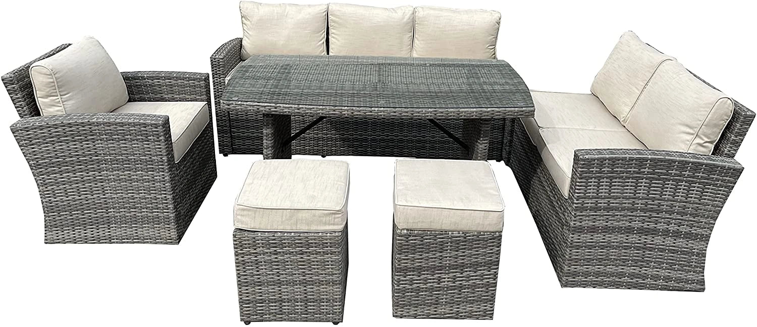 Grey 8 Seater Rattan Sofa Set: 2 Stools, 1+2+3 Seater Sofas
