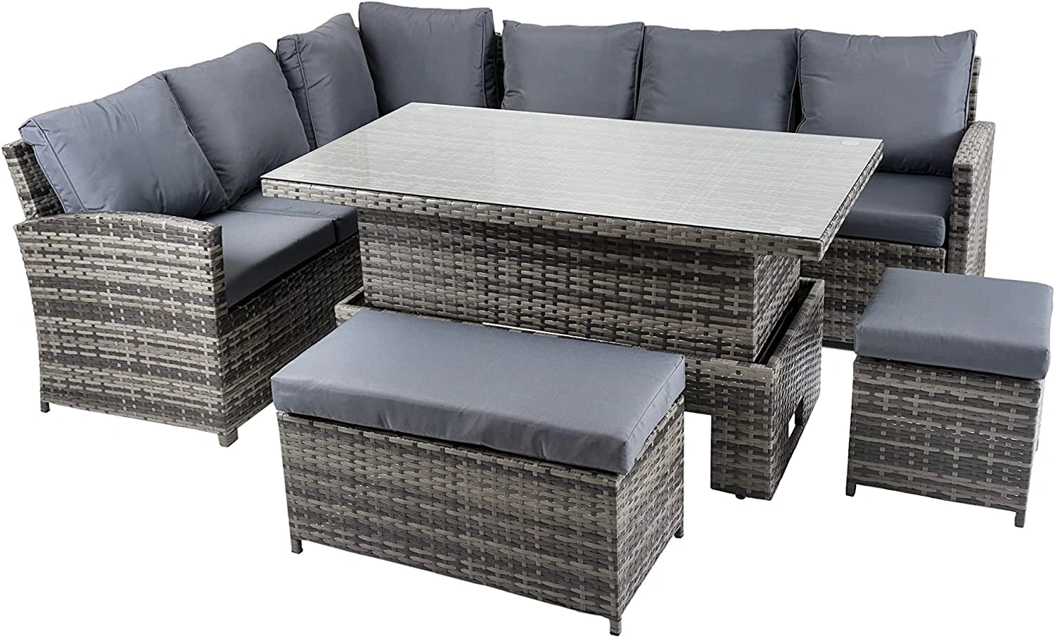 Grey 8 Seater Rattan Garden Set: Corner Sofa, Stools, Table