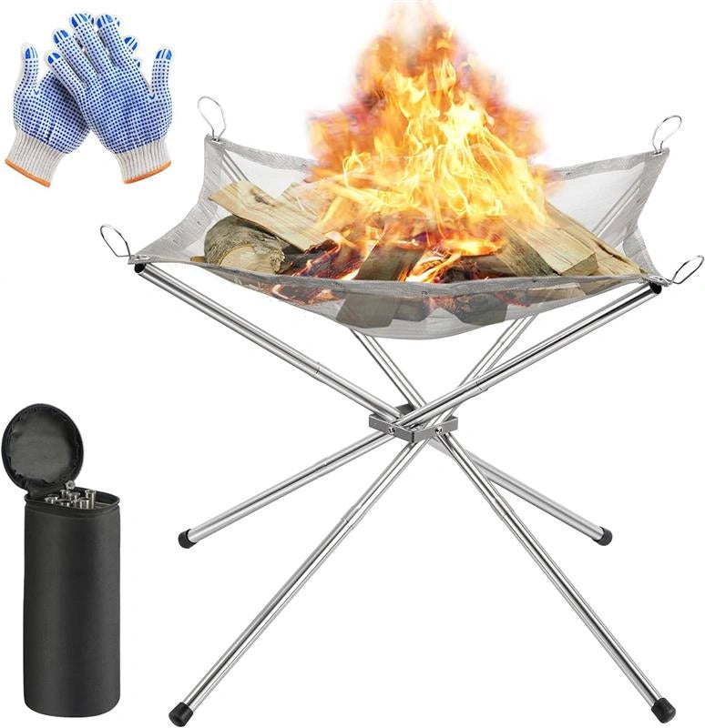Foldable Stainless Steel Mesh Fire Pit - 42x42x34cm