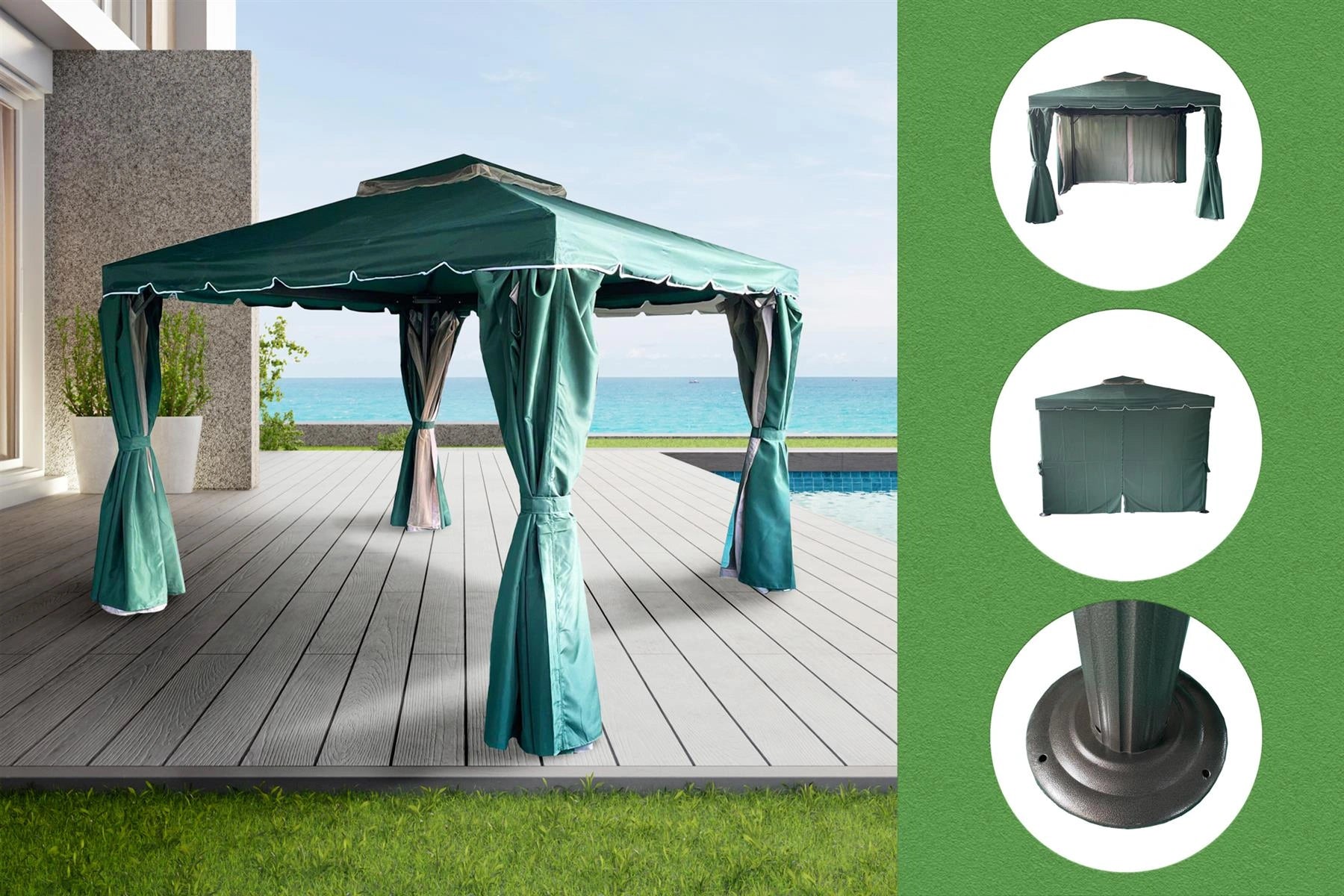 3x3x2.75m Green Gazebo with Nets – Aluminium Frame & Steel Roof