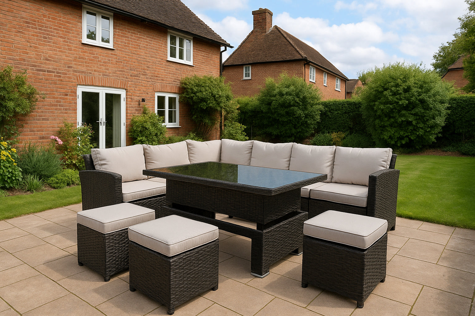 8-Seater Brown Rattan Garden Corner Sofa Set with Rising Table & 3 Stools