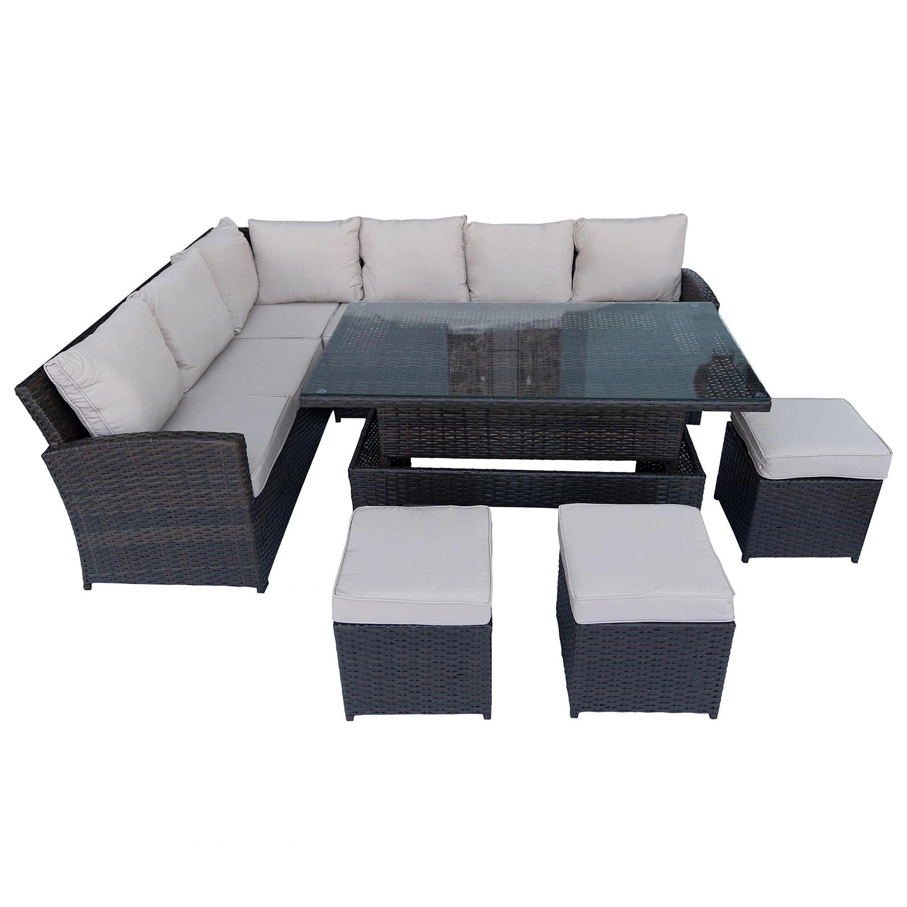 8-Seater Brown Rattan Garden Corner Sofa Set with Rising Table & 3 Stools