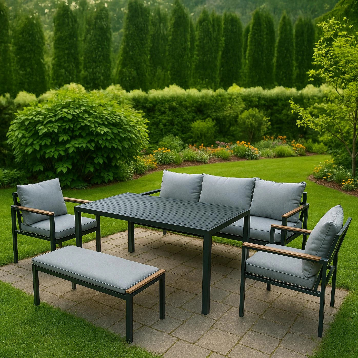 6-Seater Black Aluminium Outdoor Garden Sofa Set – 5 Pieces