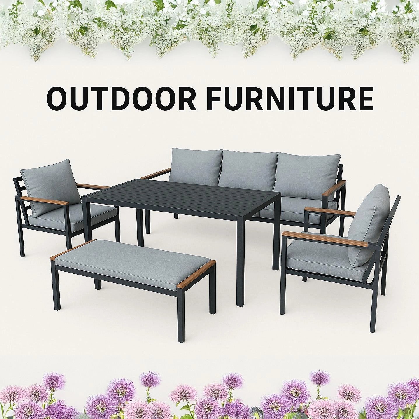 6-Seater Black Aluminium Outdoor Garden Sofa Set – 5 Pieces