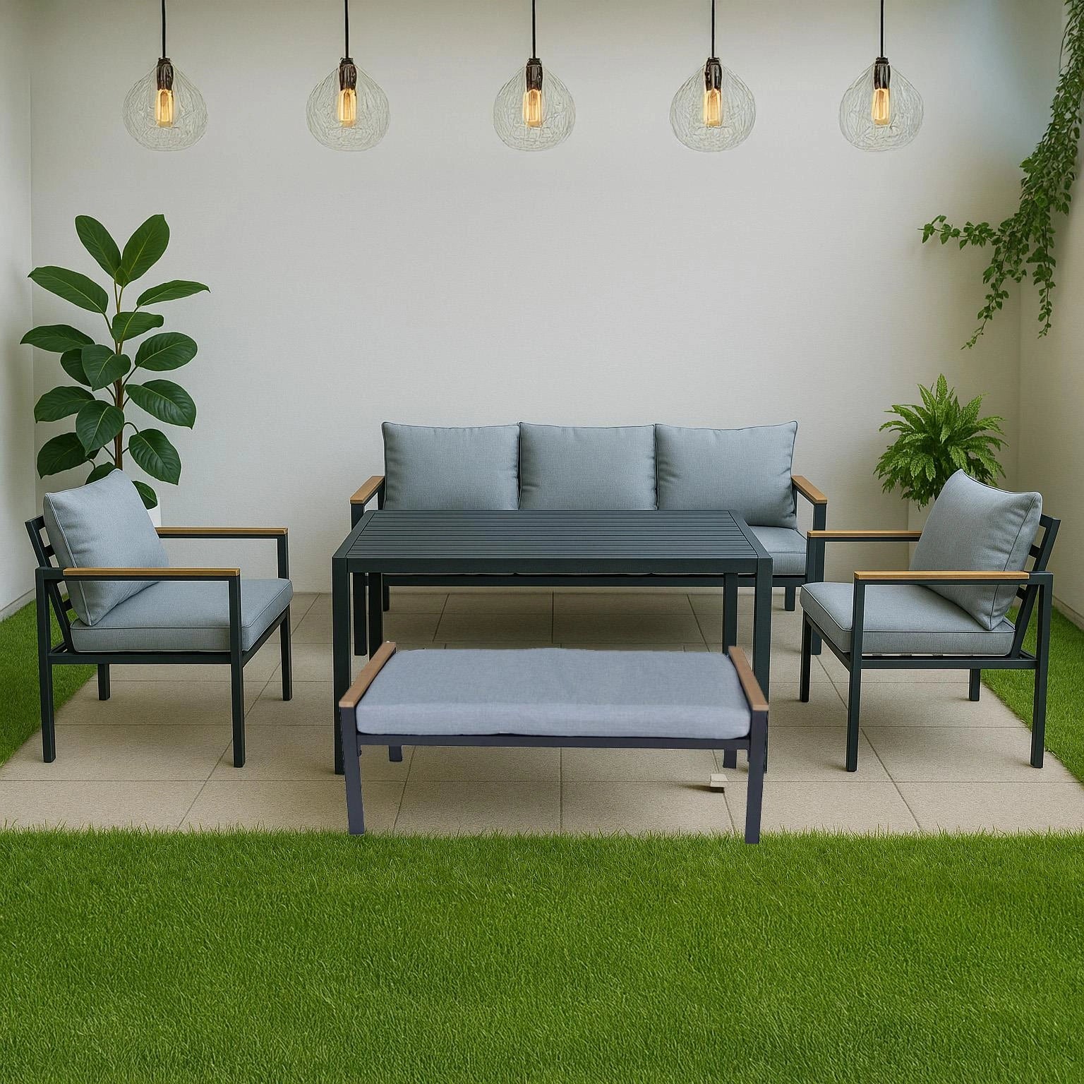 6-Seater Black Aluminium Outdoor Garden Sofa Set – 5 Pieces