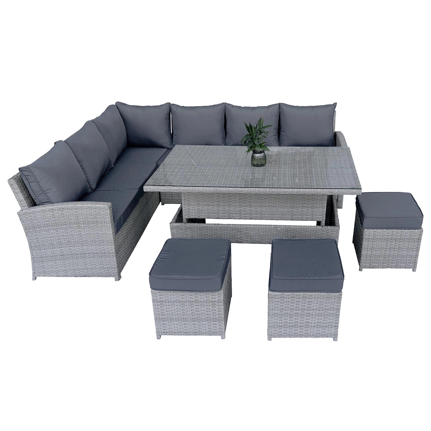 8-Seater Grey Rattan Corner Sofa Set with Rising Table & 3 Stools